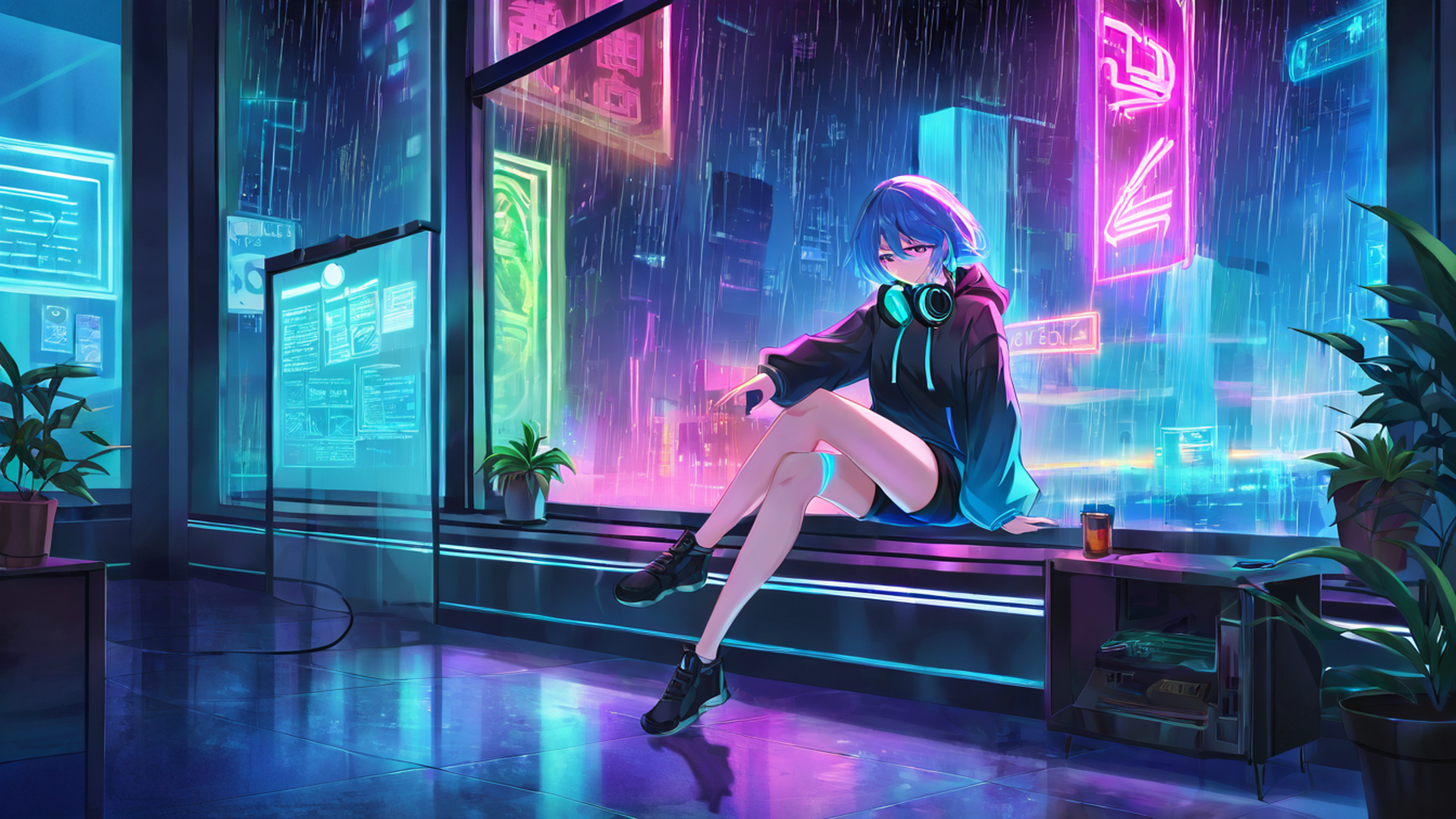 cyberpunk girl neon cafe lofi wallpaper