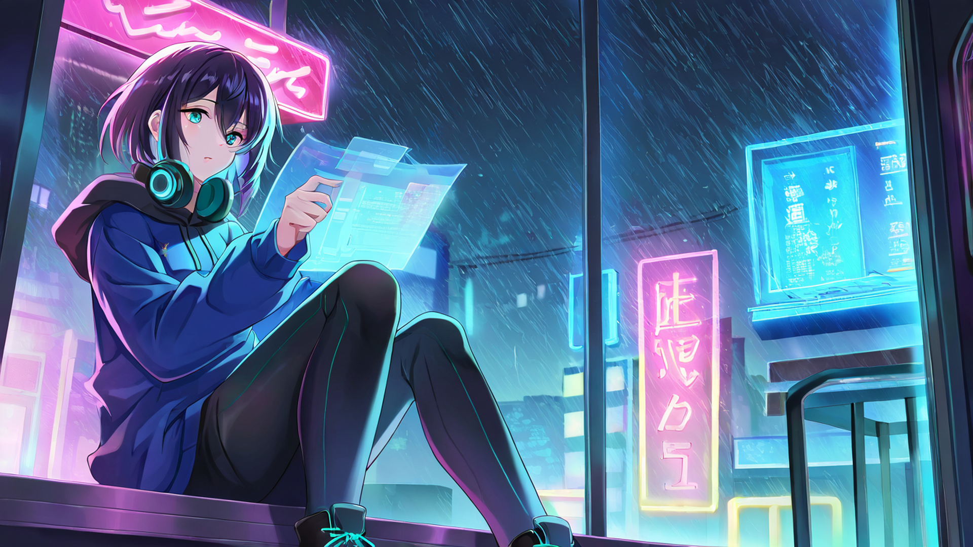 Cyberpunk Girl Neon Cafe Cyberpunk Girl Neon Cafe 0858371784 lofi anime wallpaper free download