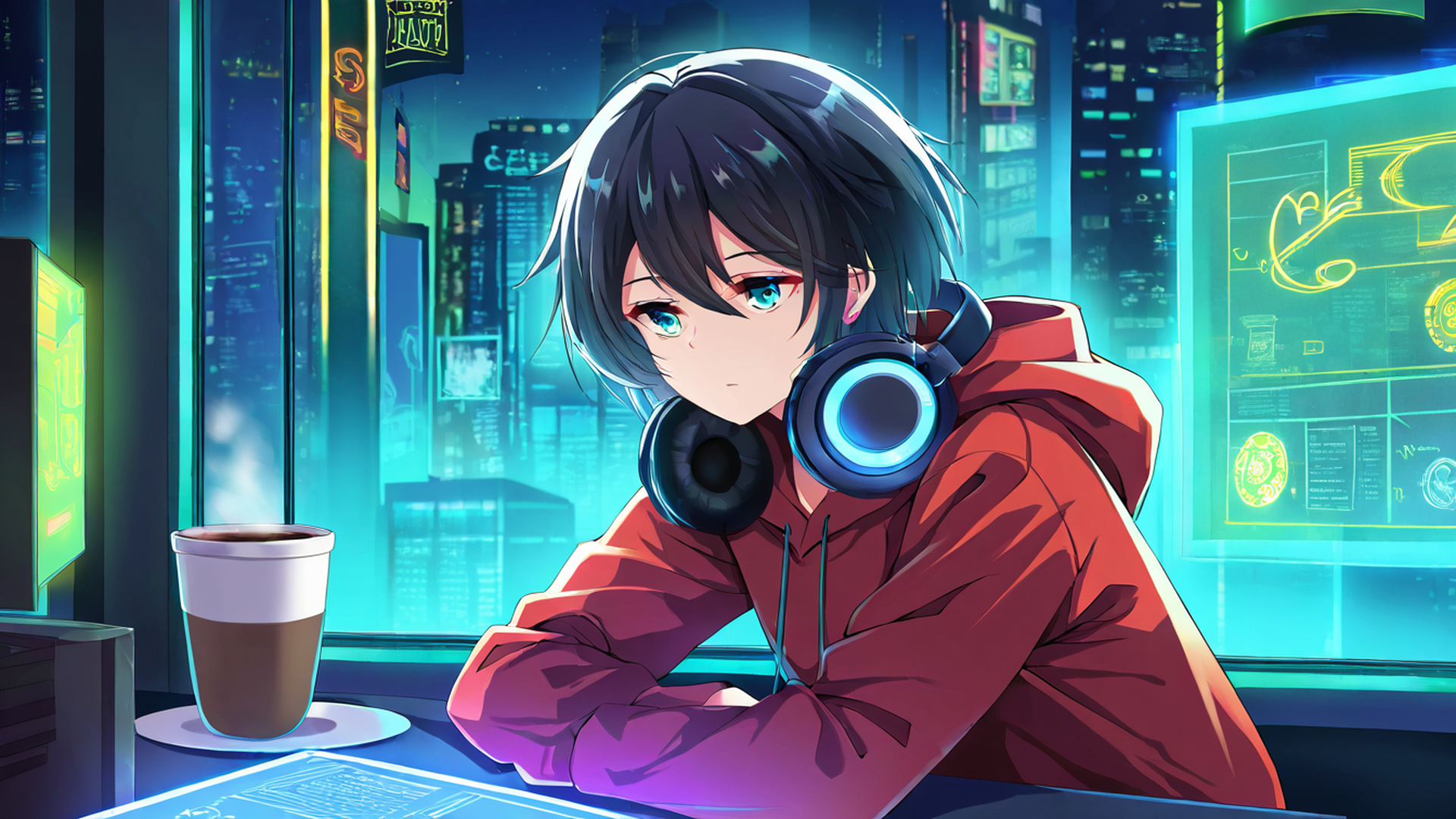 cyberpunk girl neon cafe lofi wallpaper