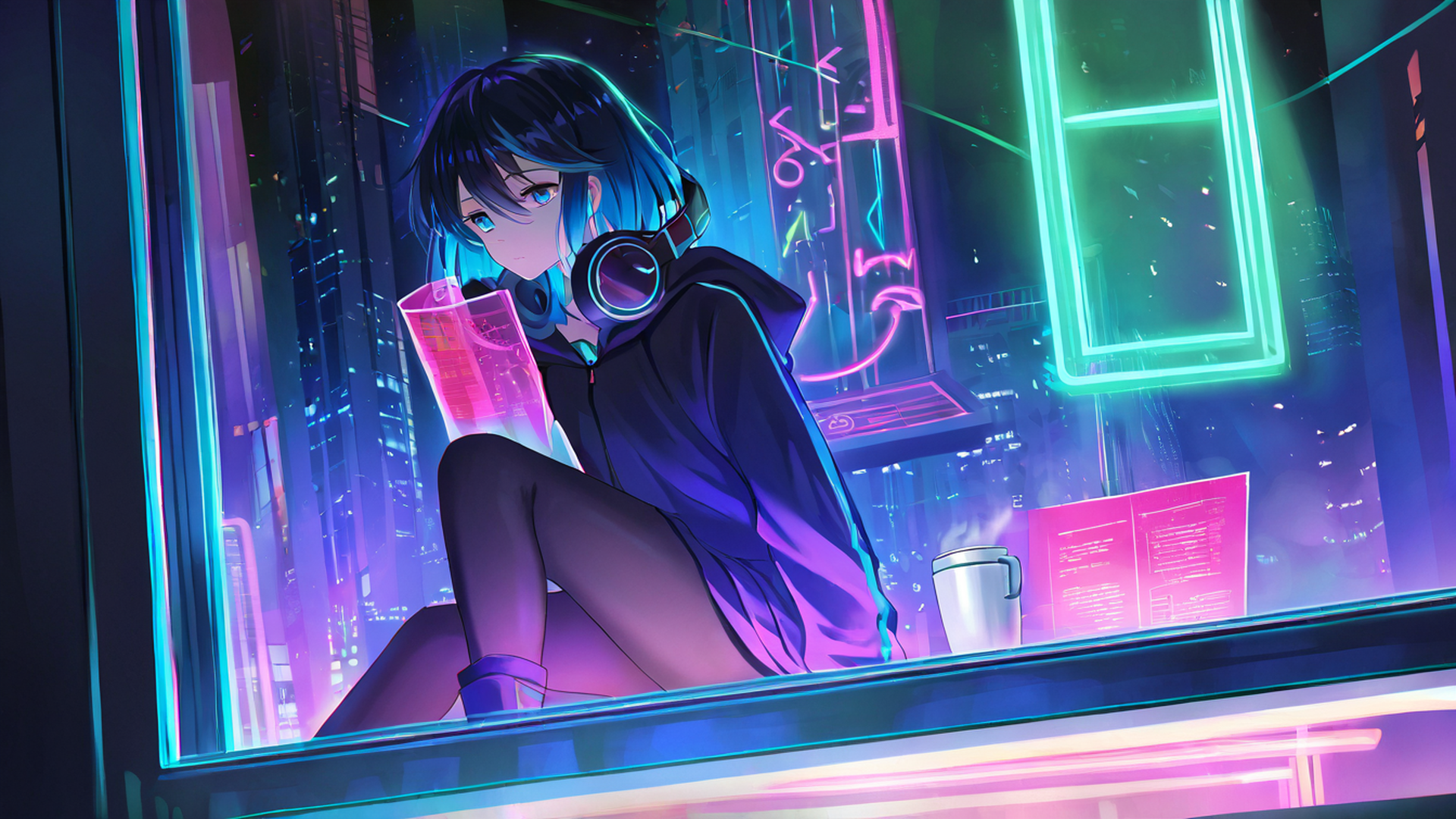 cyberpunk girl neon cafe lofi wallpaper