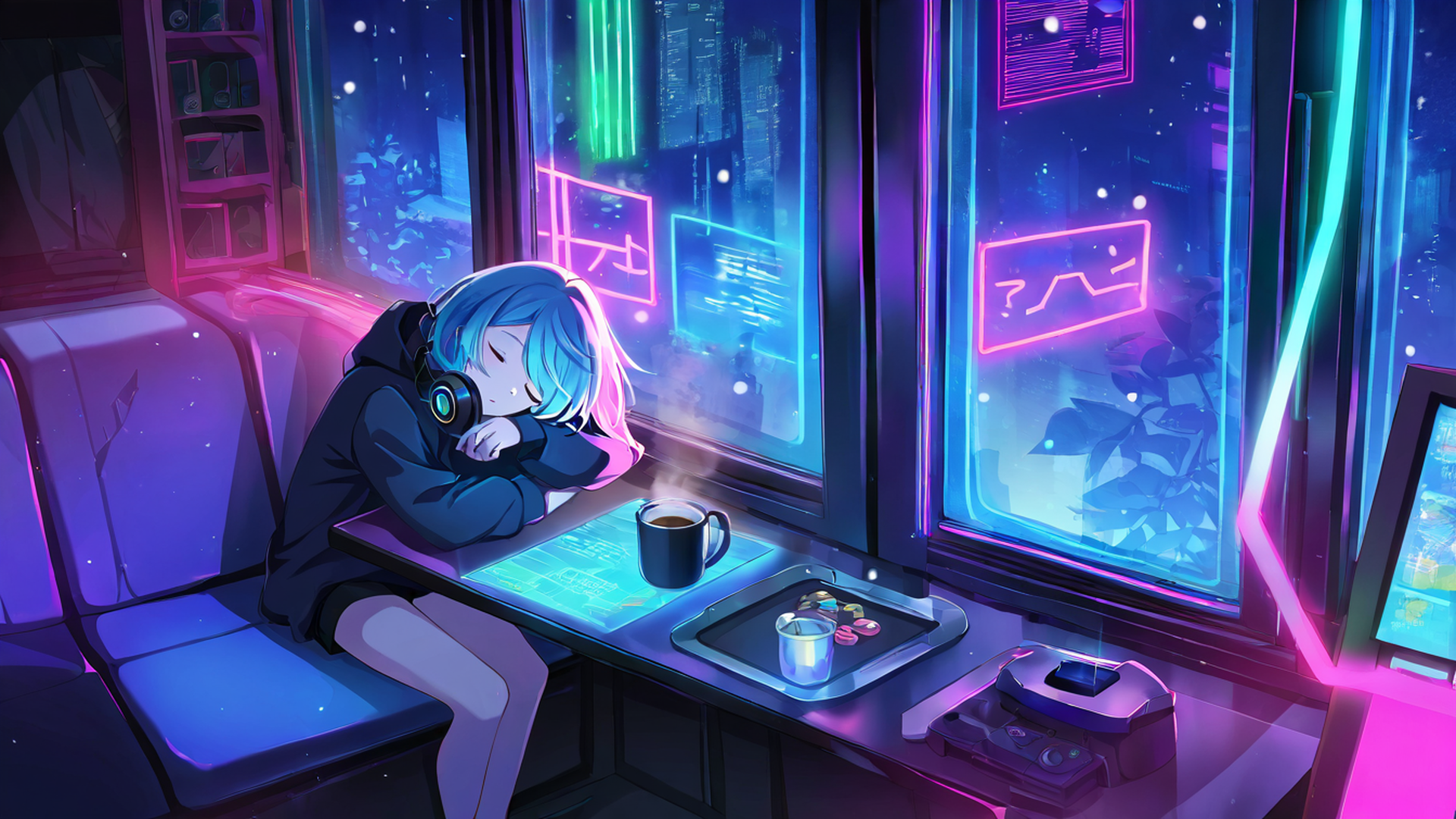 Cyberpunk Girl Neon Cafe Cyberpunk Girl Neon Cafe 0919293027 lofi anime wallpaper free download