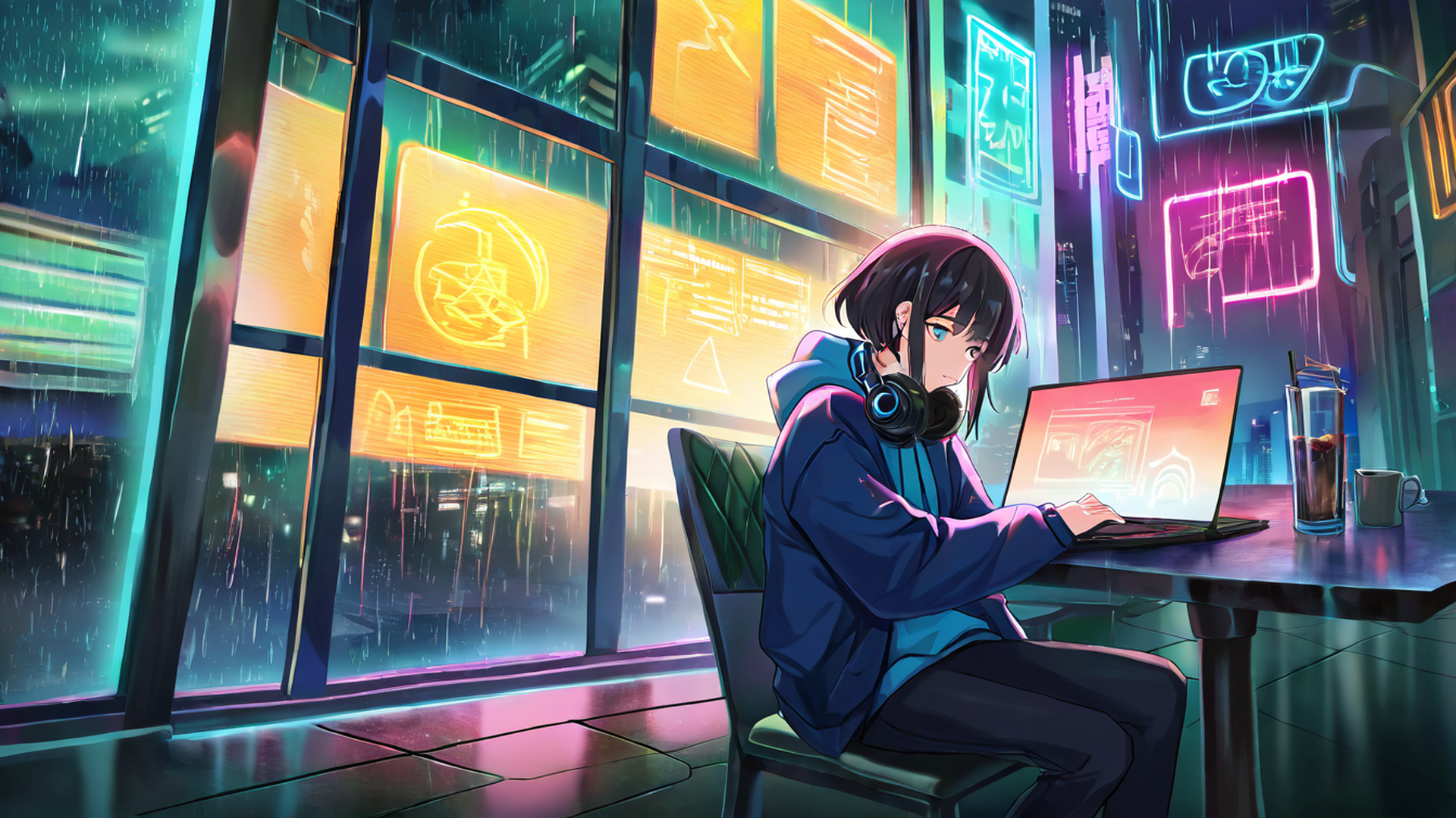 cyberpunk girl neon cafe lofi wallpaper