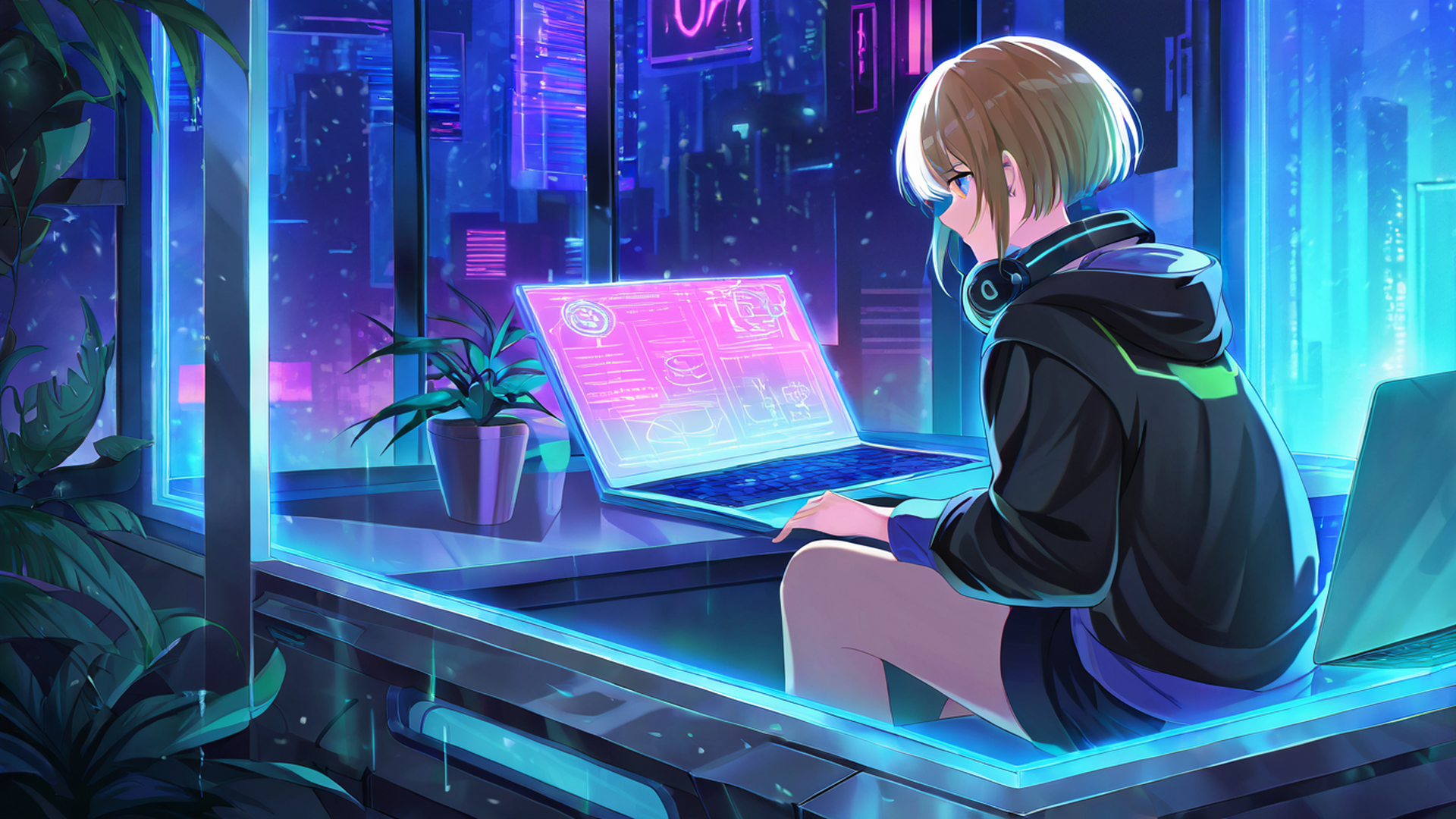 Cyberpunk Girl Neon Cafe Cyberpunk Girl Neon Cafe 1034820689 lofi anime wallpaper free download