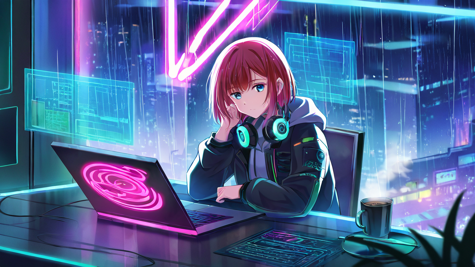 cyberpunk girl neon cafe lofi wallpaper