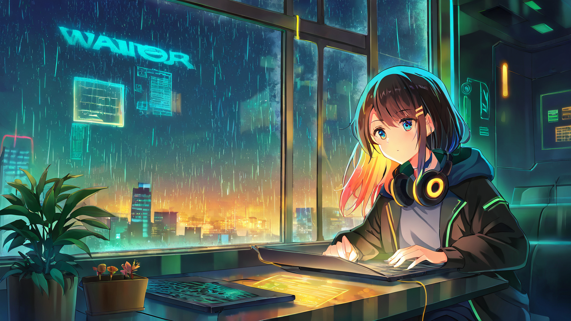 cyberpunk girl neon cafe lofi wallpaper