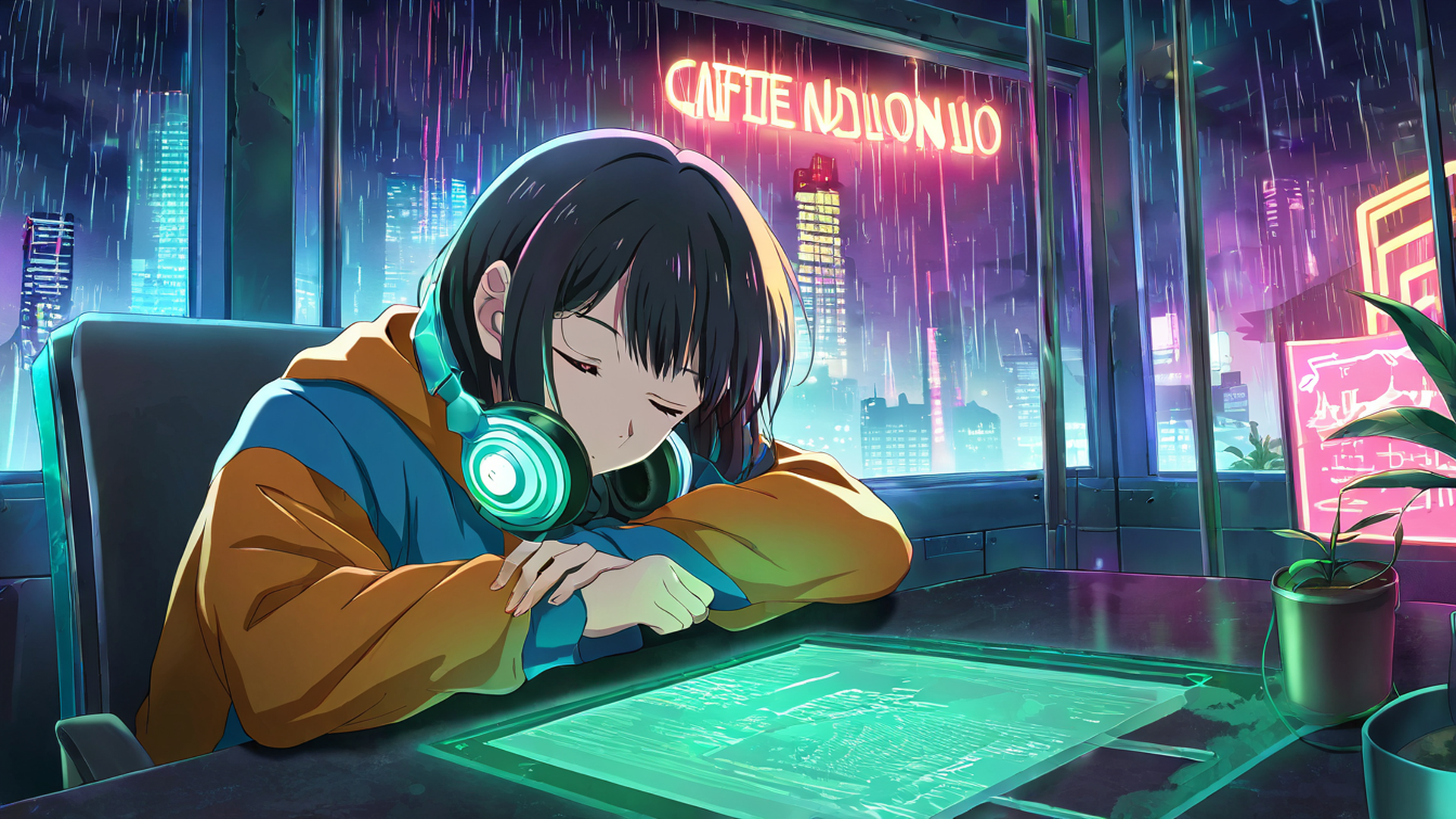 cyberpunk girl neon cafe lofi wallpaper