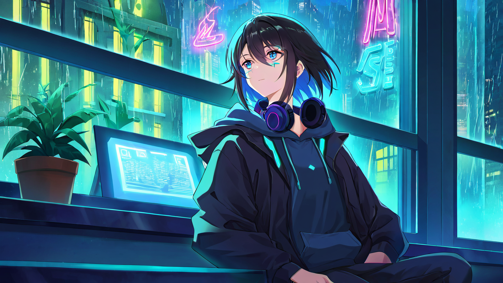 cyberpunk girl neon cafe lofi wallpaper