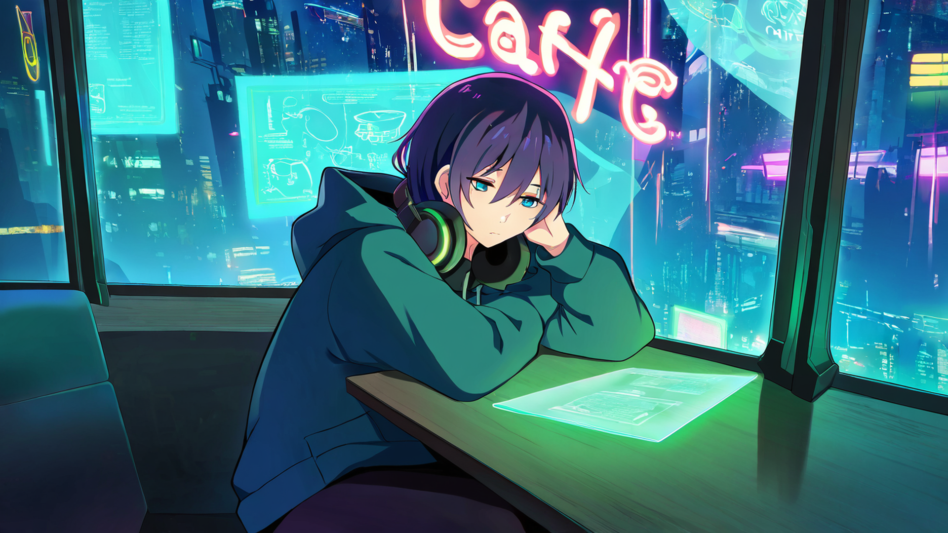 cyberpunk girl neon cafe lofi wallpaper