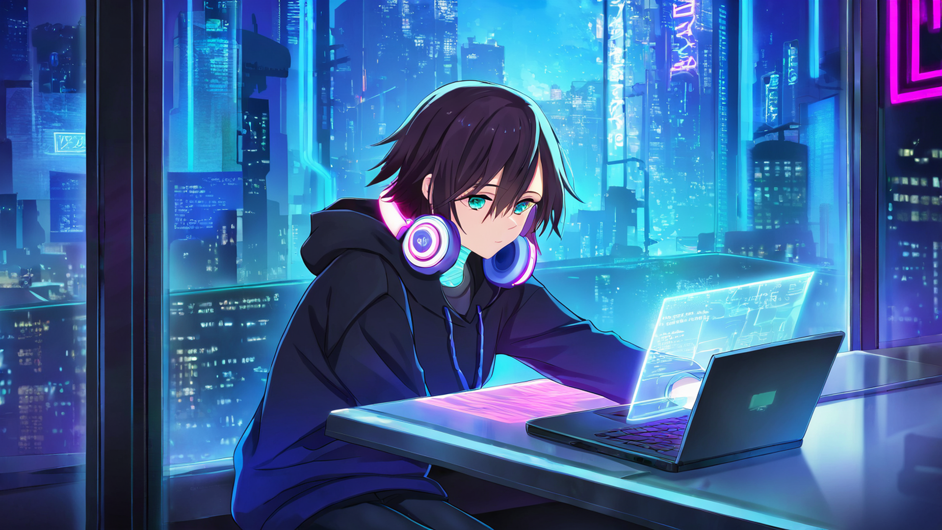 cyberpunk girl neon cafe lofi wallpaper
