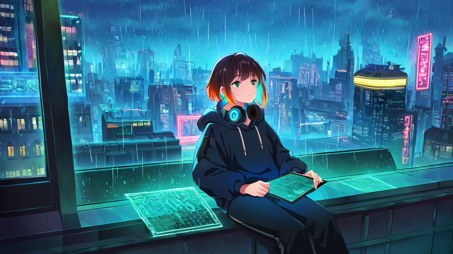 cyberpunk girl neon cafe lofi wallpaper