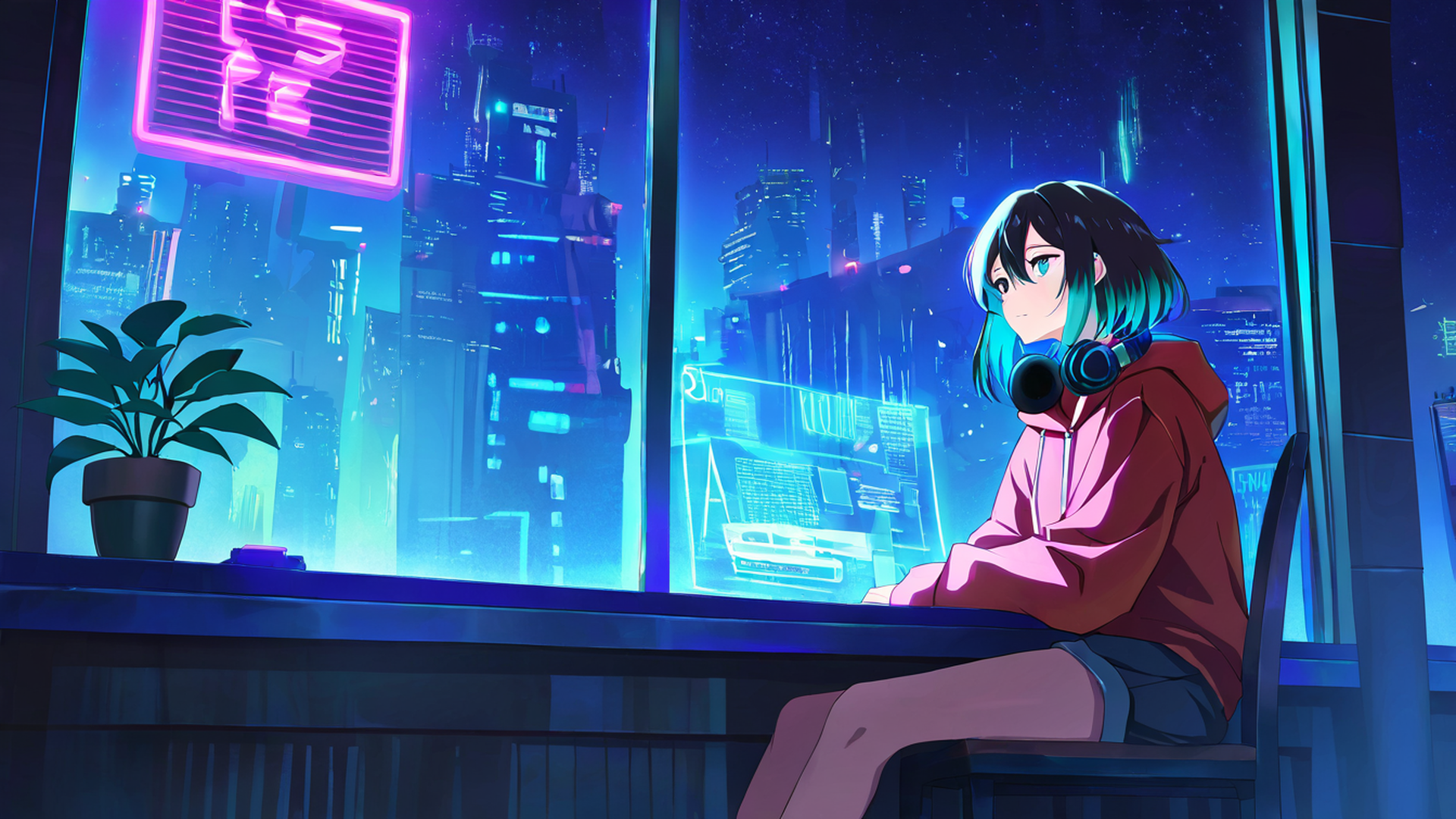 cyberpunk girl neon cafe lofi wallpaper