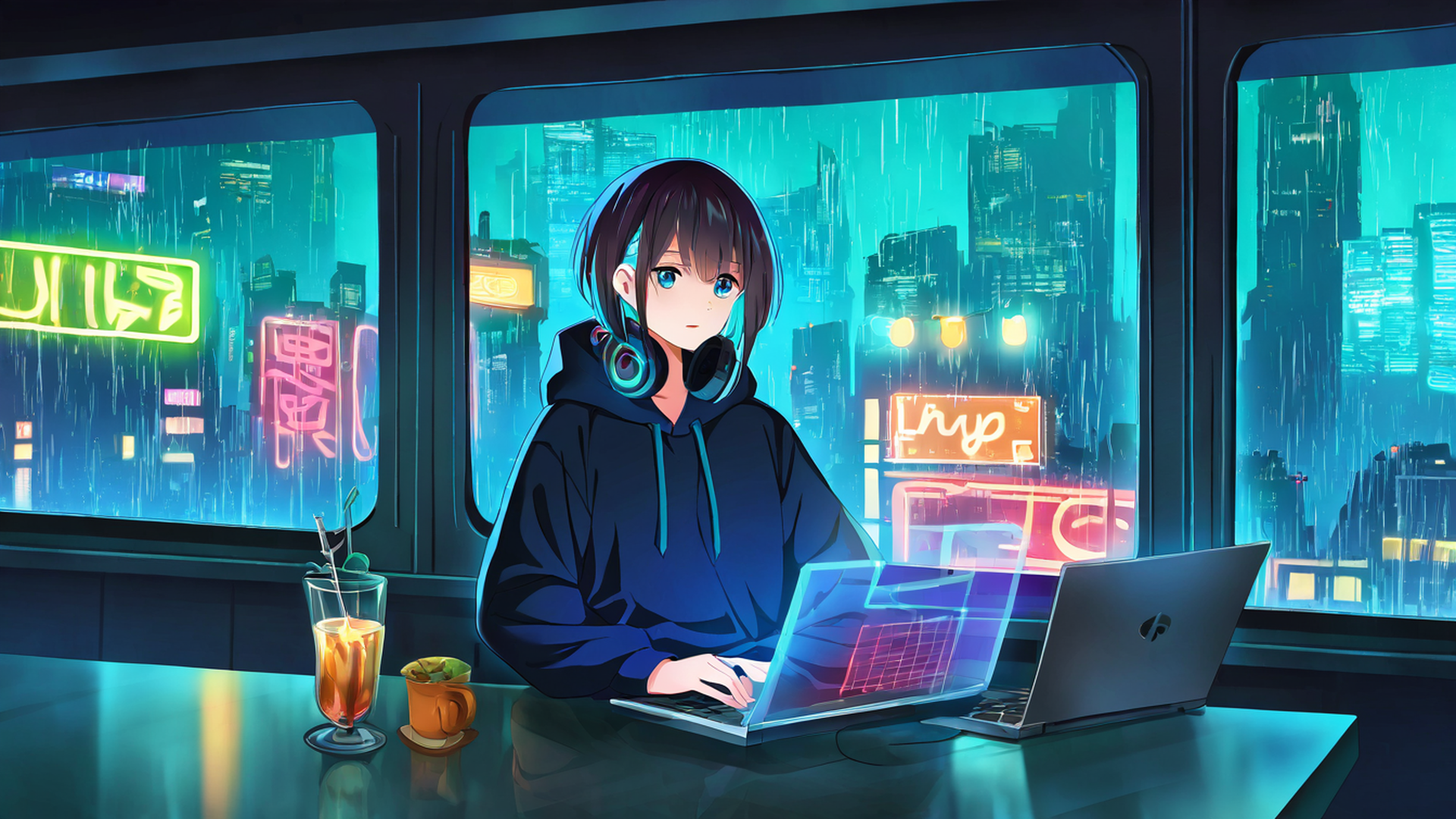 cyberpunk girl neon cafe lofi wallpaper