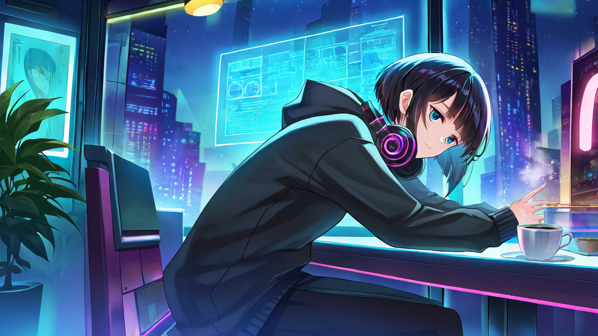 cyberpunk girl neon cafe lofi wallpaper