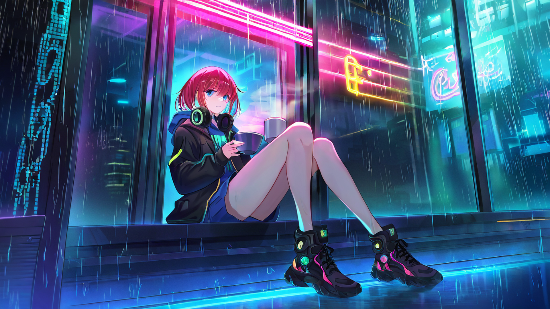 cyberpunk girl neon cafe lofi wallpaper