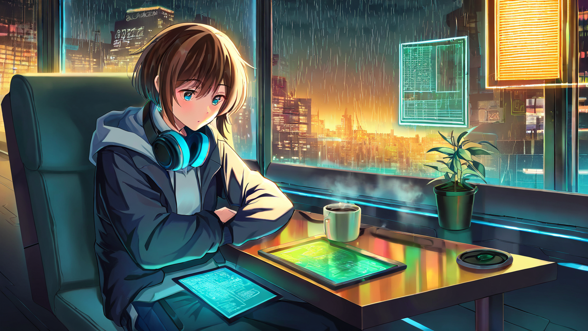 Cyberpunk Girl Neon Cafe Cyberpunk Girl Neon Cafe 1252792262 lofi anime wallpaper free download