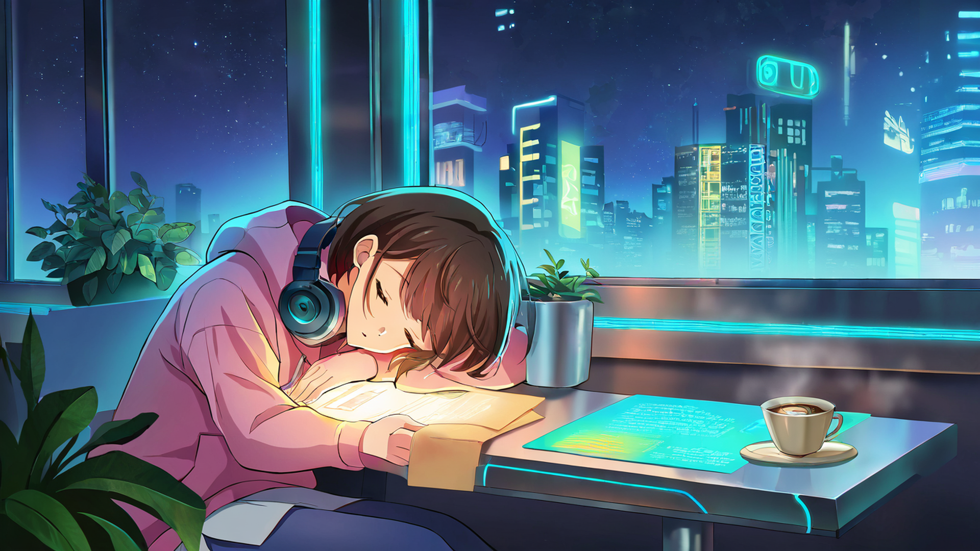 cyberpunk girl neon cafe lofi wallpaper