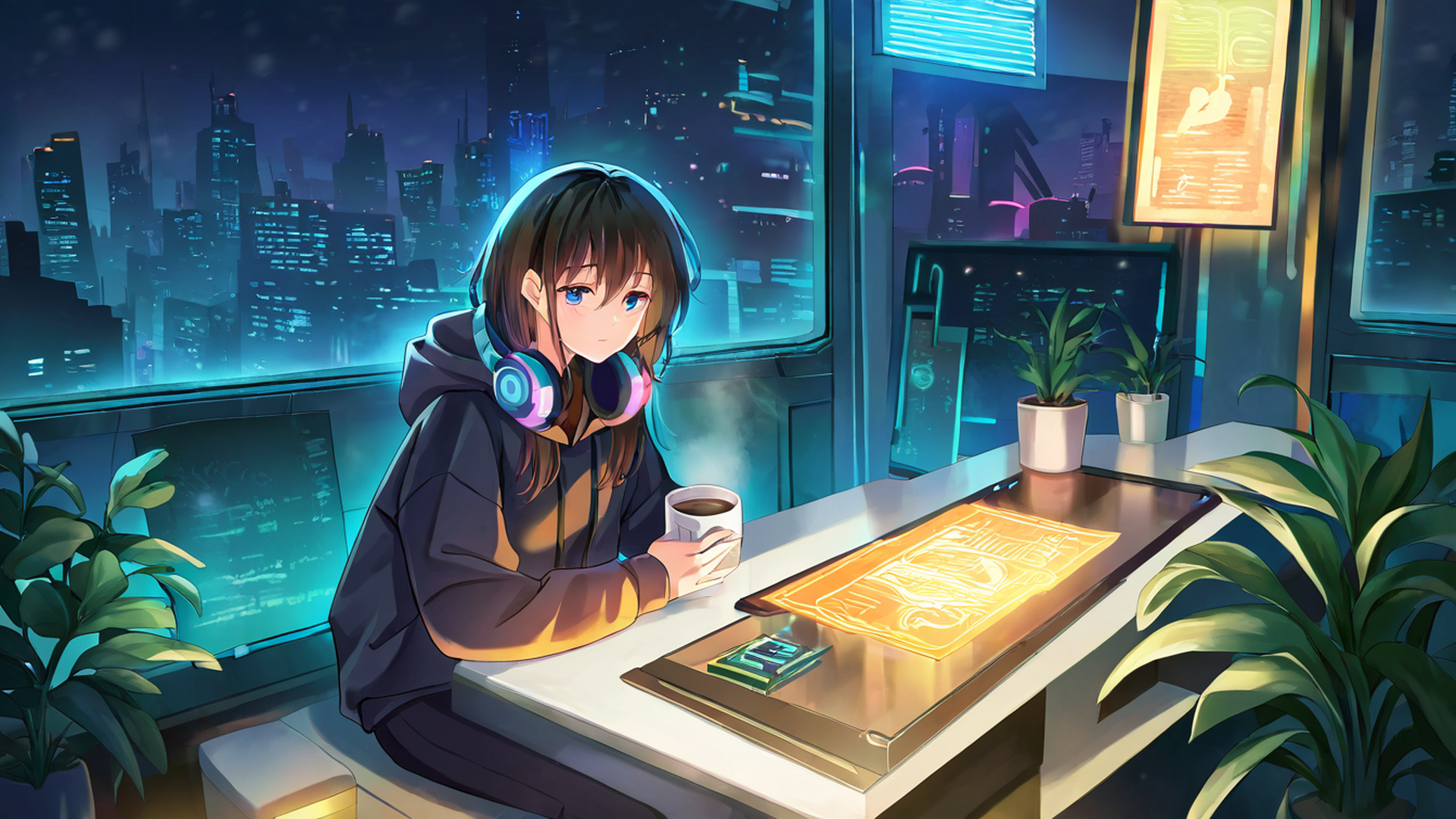cyberpunk girl neon cafe lofi wallpaper