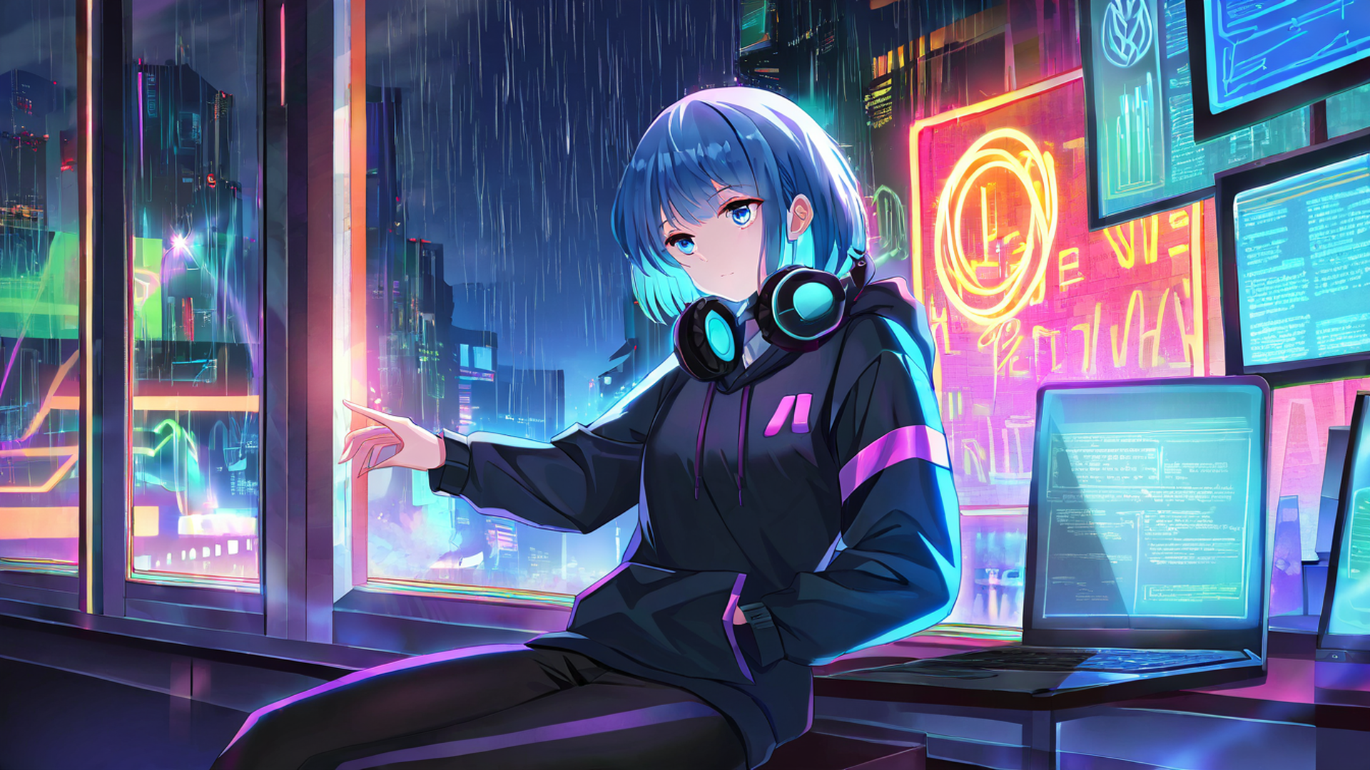 cyberpunk girl neon cafe lofi wallpaper