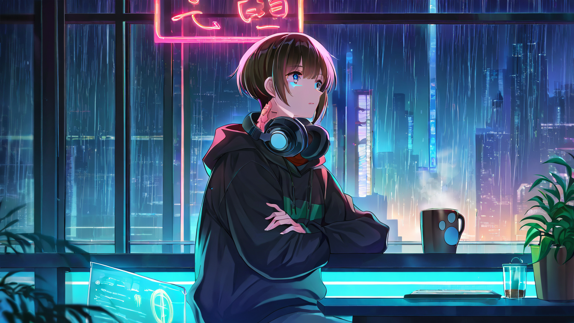 Cyberpunk Girl Neon Cafe Cyberpunk Girl Neon Cafe 1302634320 lofi anime wallpaper free download