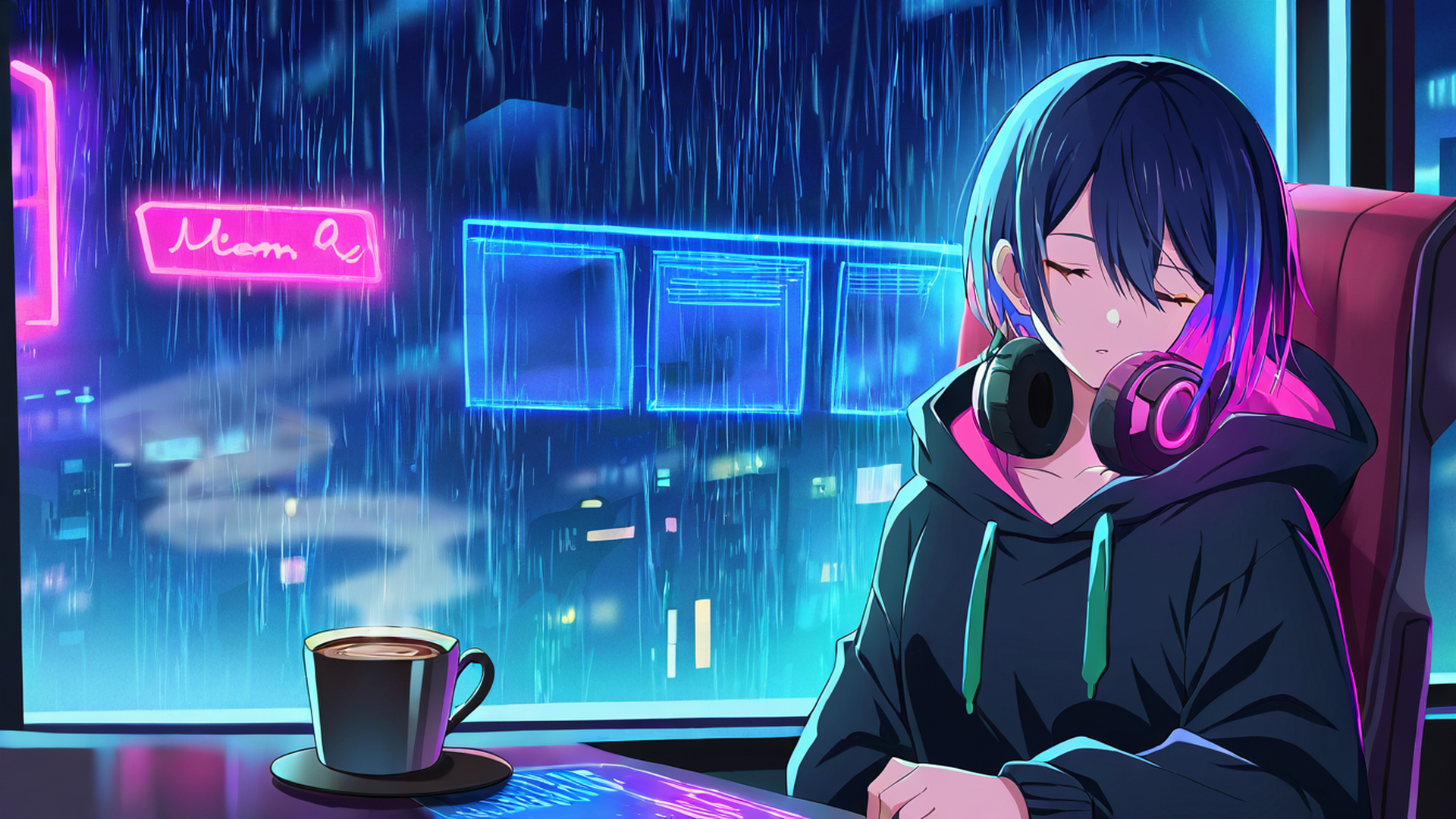 cyberpunk girl neon cafe lofi wallpaper