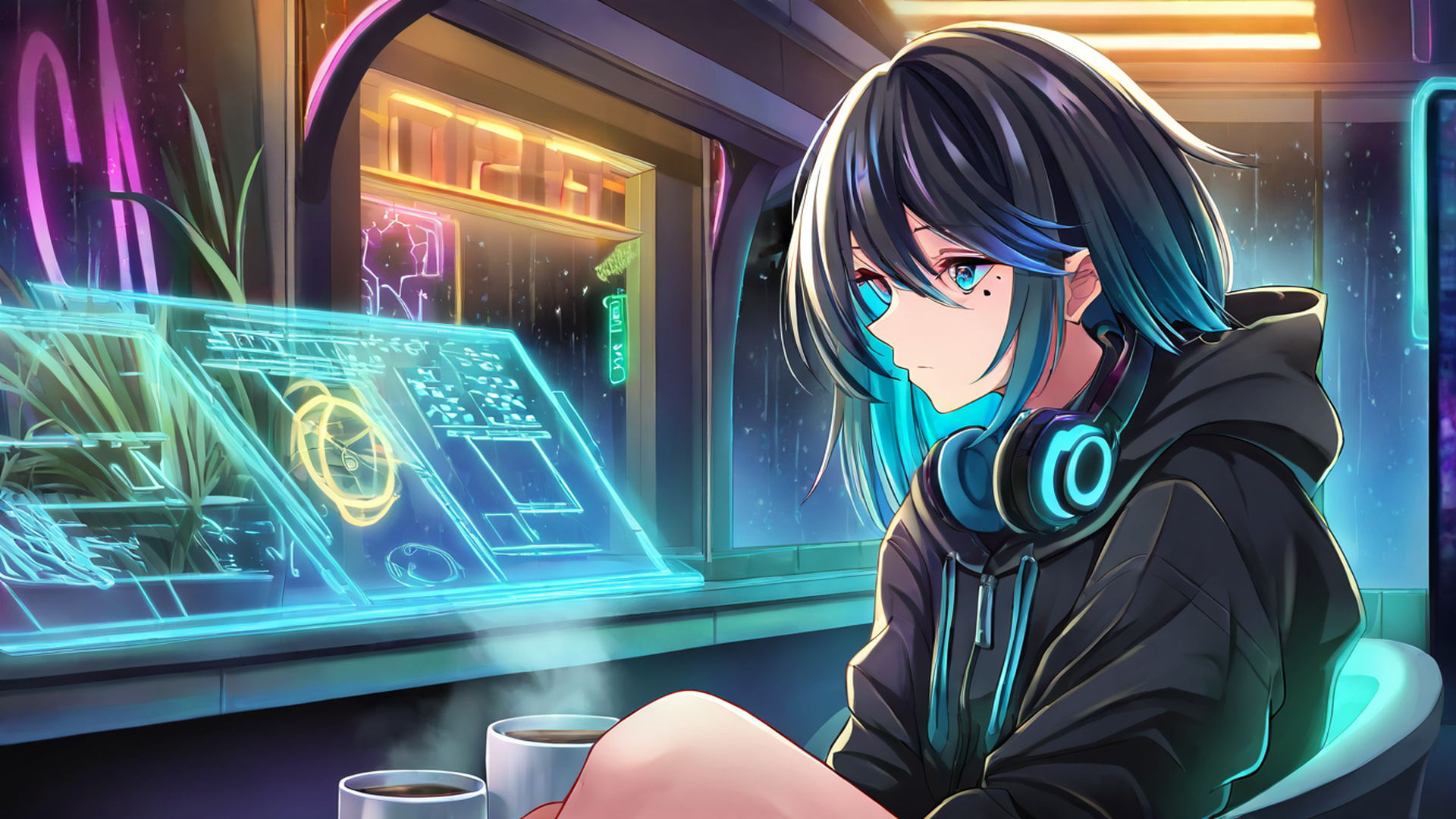 cyberpunk girl neon cafe lofi wallpaper