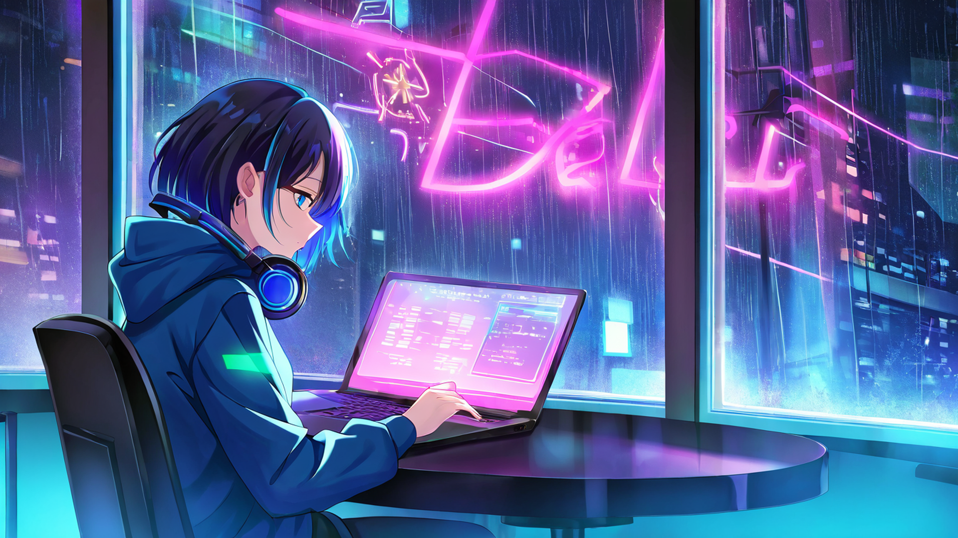 cyberpunk girl neon cafe lofi wallpaper