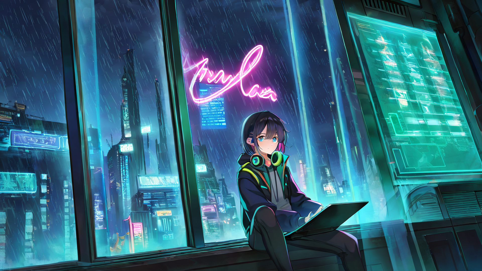 cyberpunk girl neon cafe lofi wallpaper