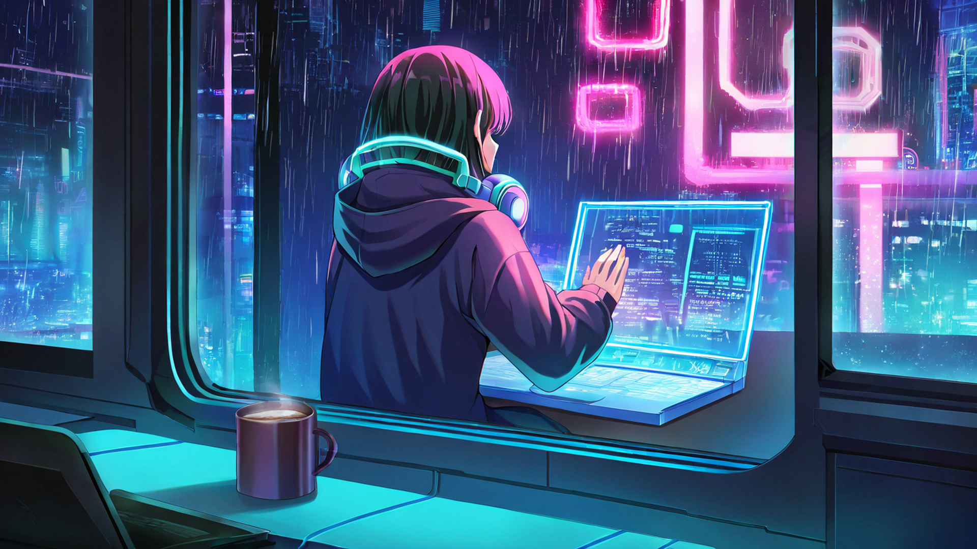 cyberpunk girl neon cafe lofi wallpaper