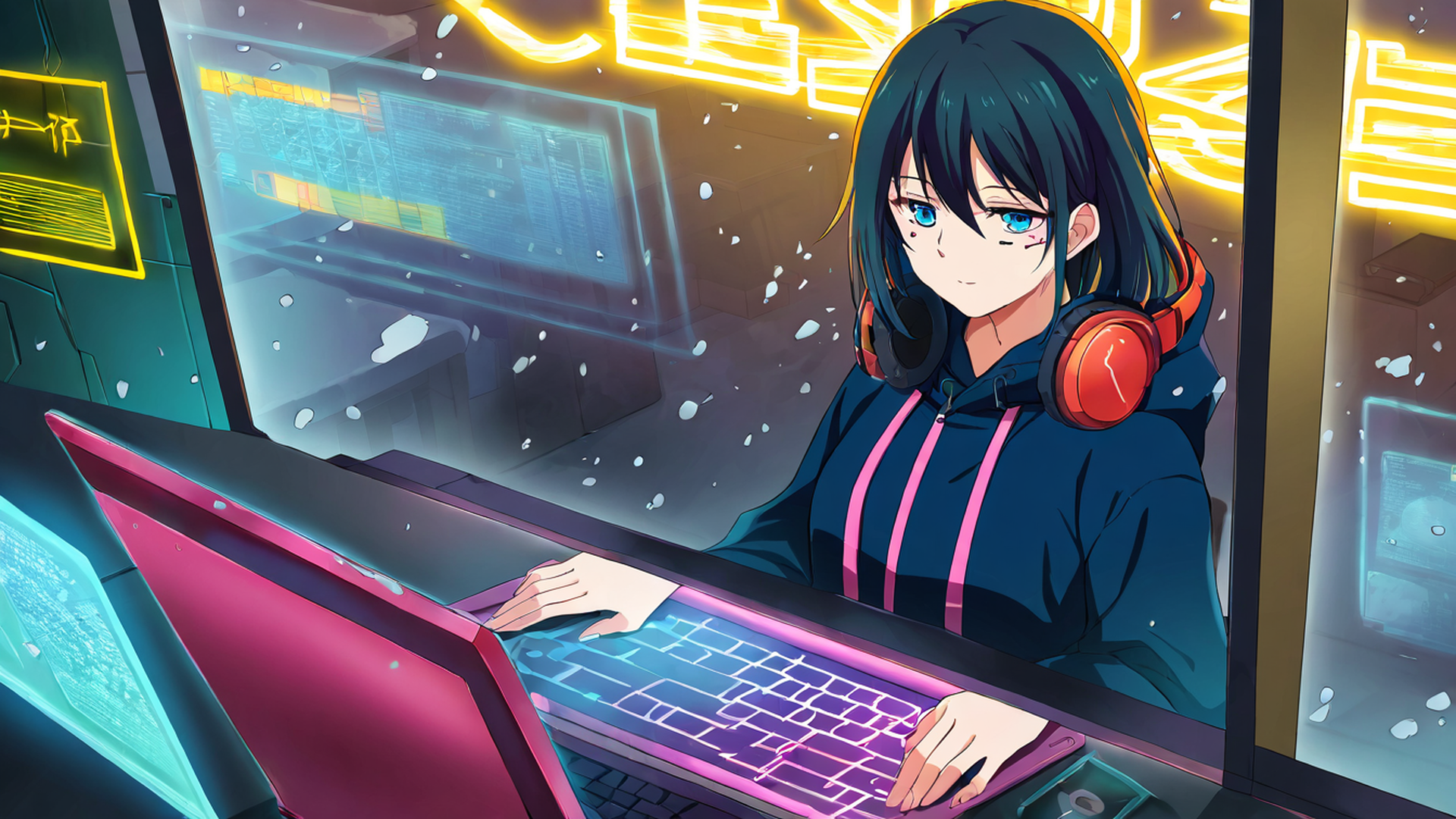 cyberpunk girl neon cafe lofi wallpaper