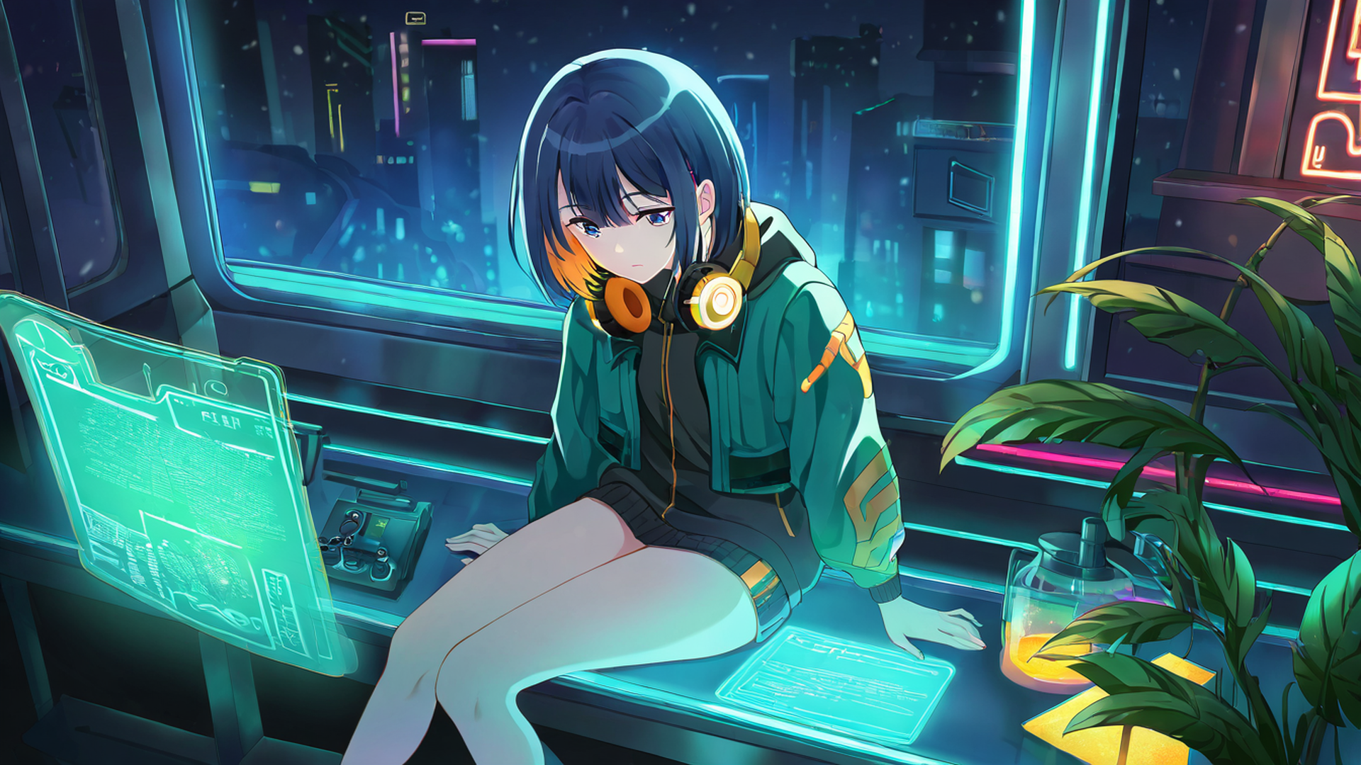 cyberpunk girl neon cafe lofi wallpaper