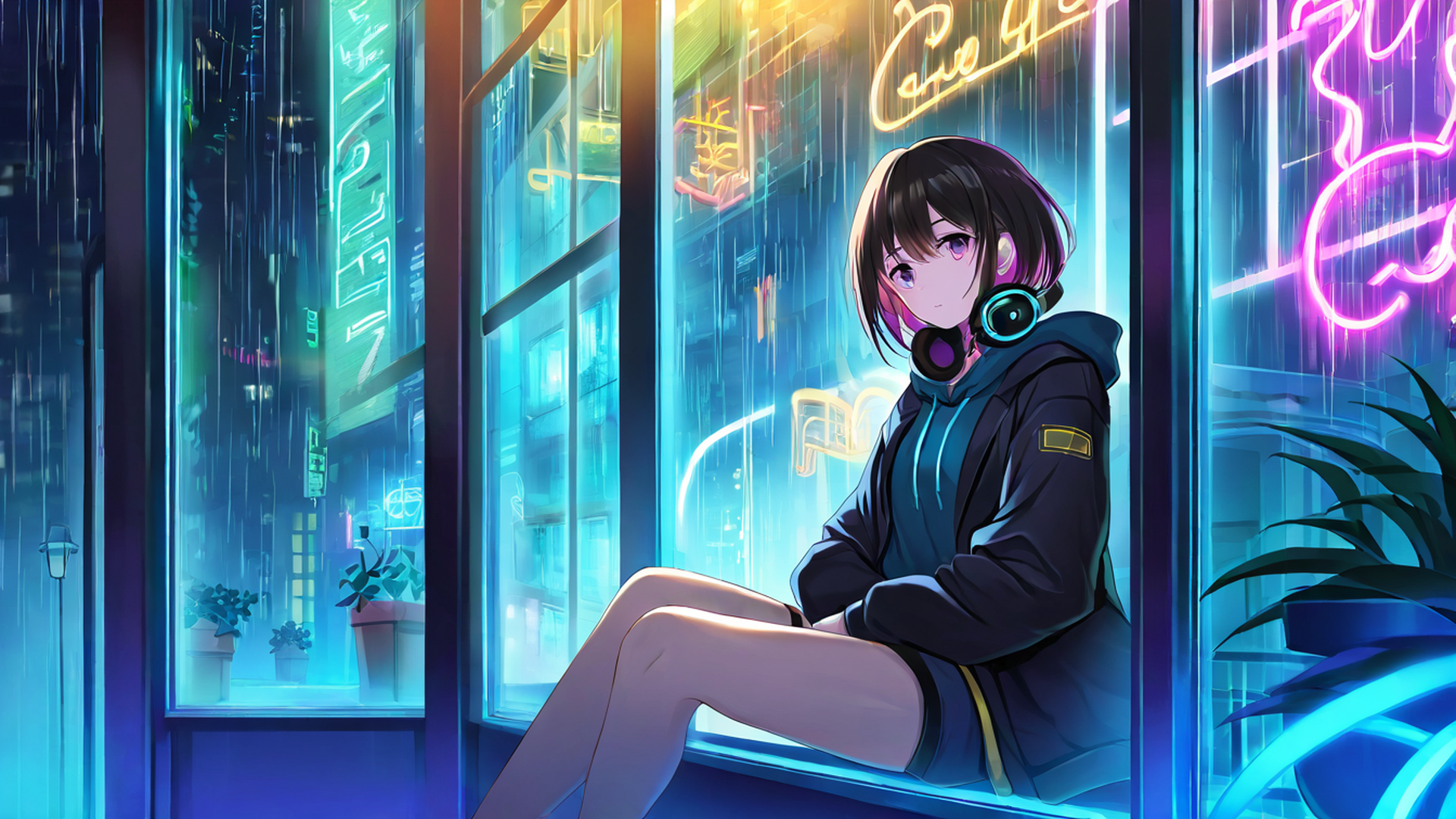 cyberpunk girl neon cafe lofi wallpaper