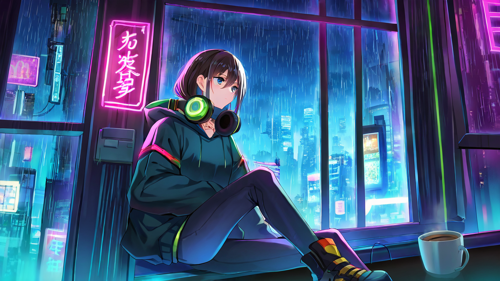 cyberpunk girl neon cafe lofi wallpaper