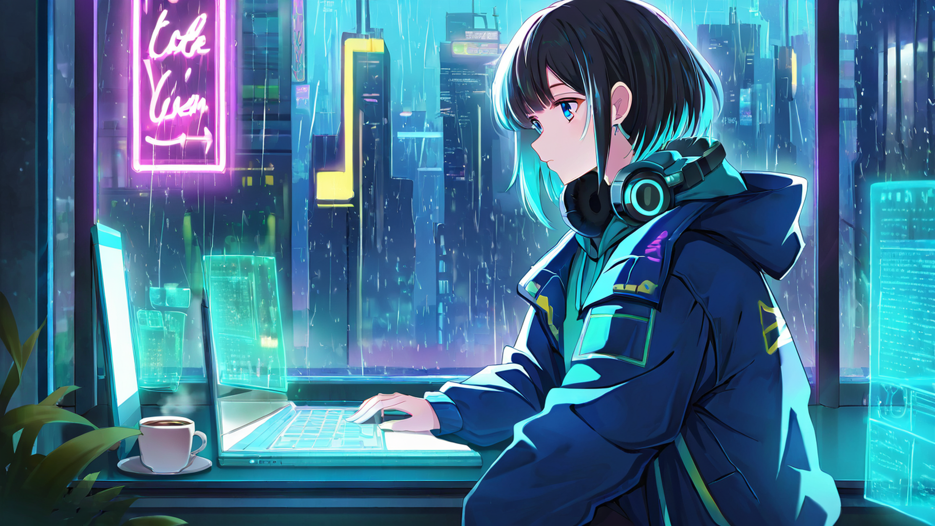 cyberpunk girl neon cafe lofi wallpaper