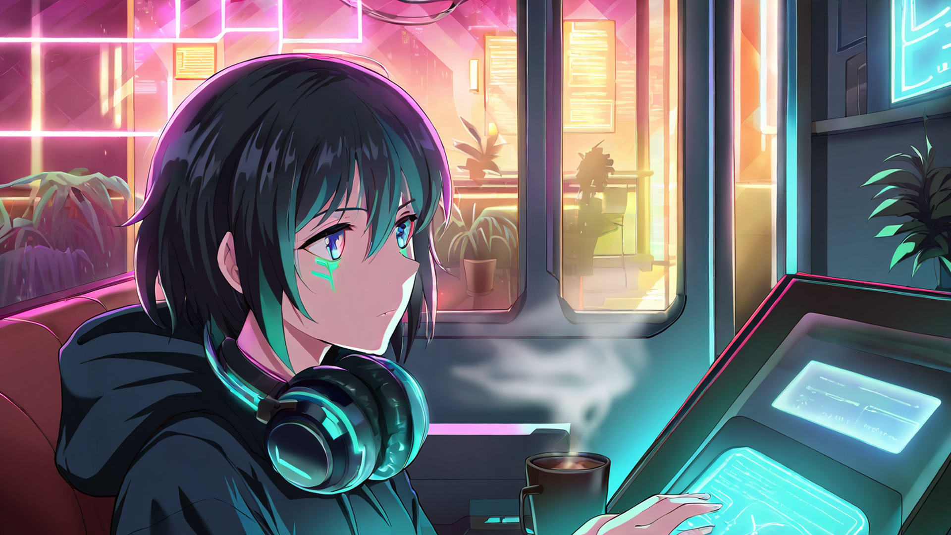 cyberpunk girl neon cafe lofi wallpaper