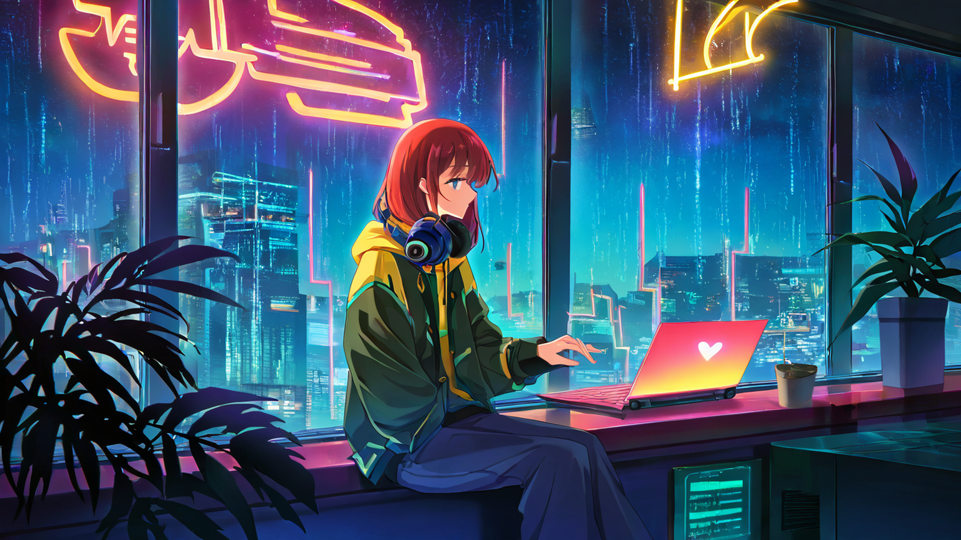 cyberpunk girl neon cafe lofi wallpaper