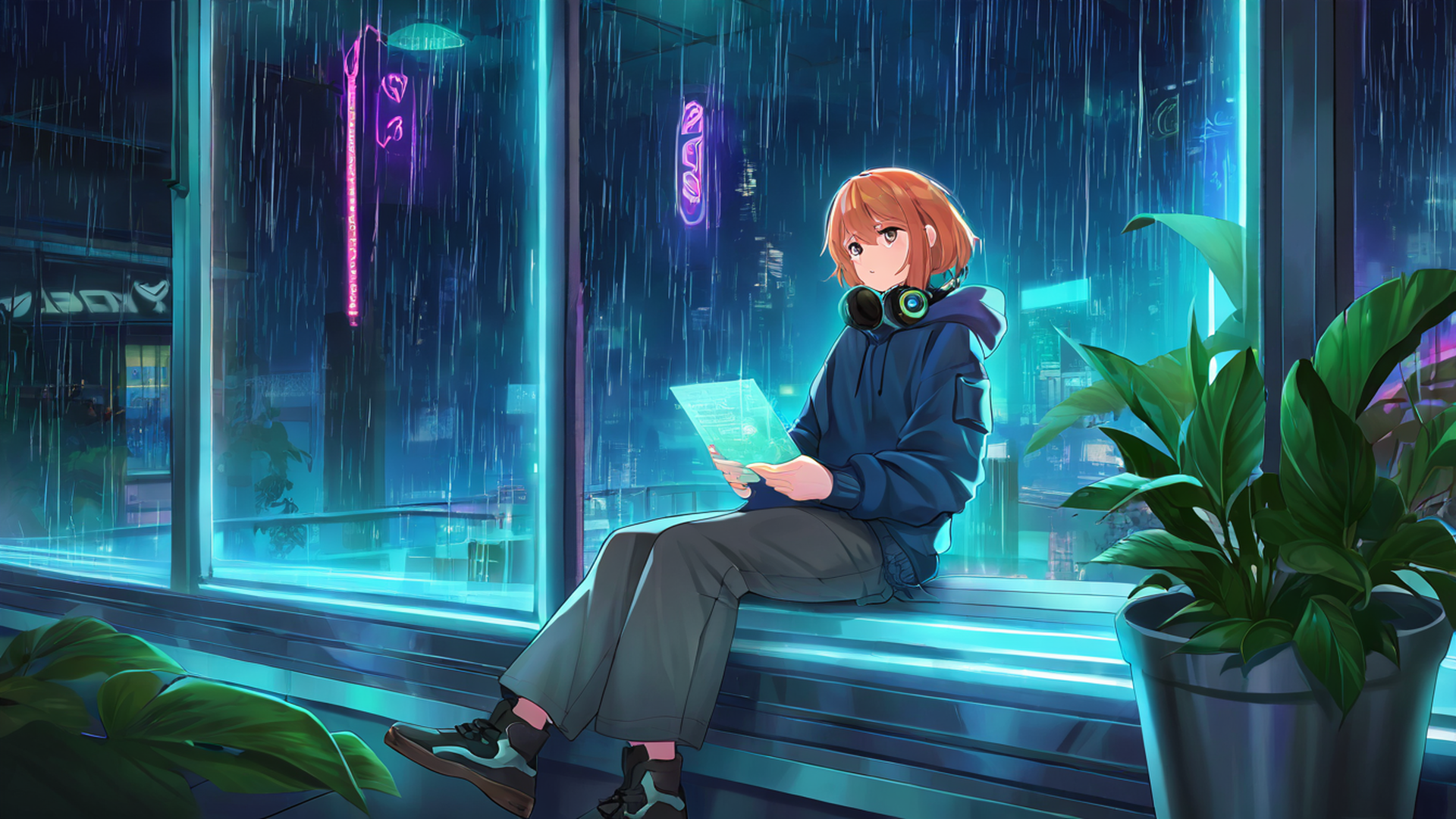 cyberpunk girl neon cafe lofi wallpaper