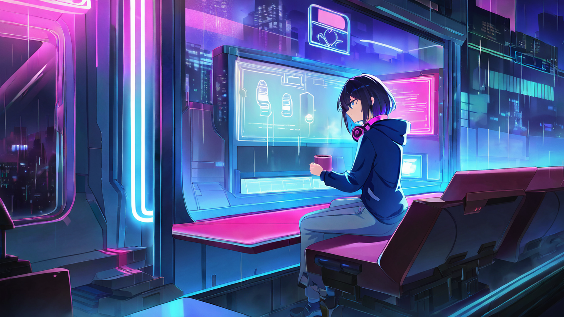 cyberpunk girl neon cafe lofi wallpaper