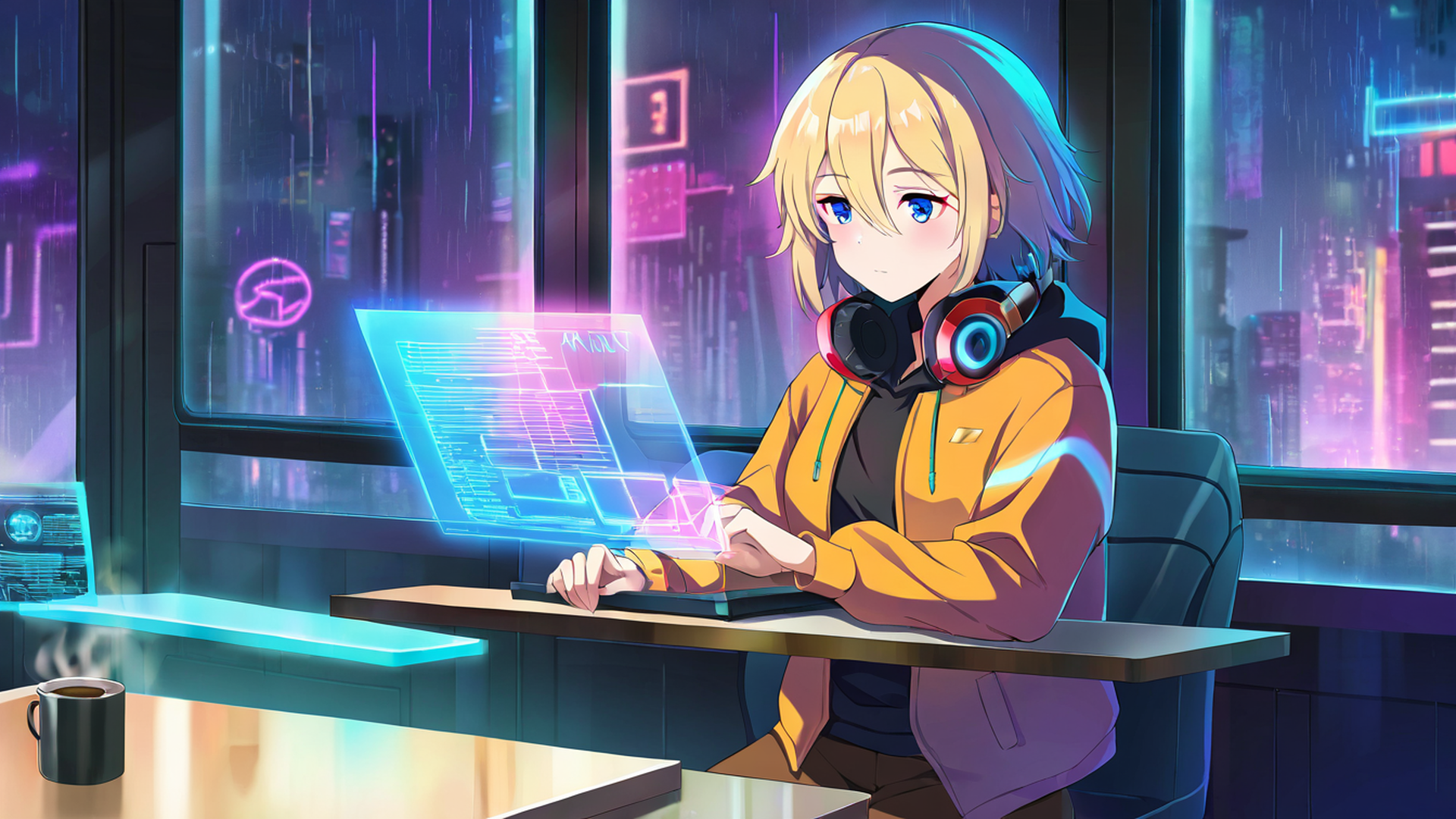cyberpunk girl neon cafe lofi wallpaper