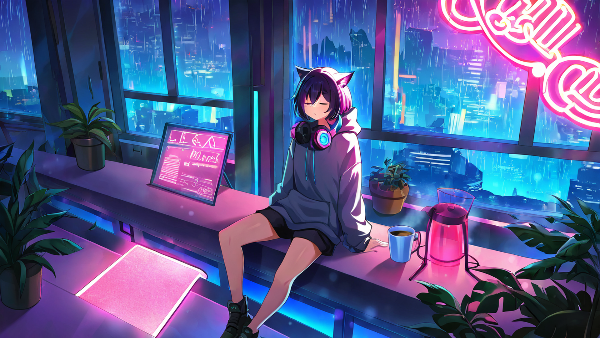 Cyberpunk Girl Neon Cafe Cyberpunk Girl Neon Cafe 1702807050 lofi anime wallpaper free download