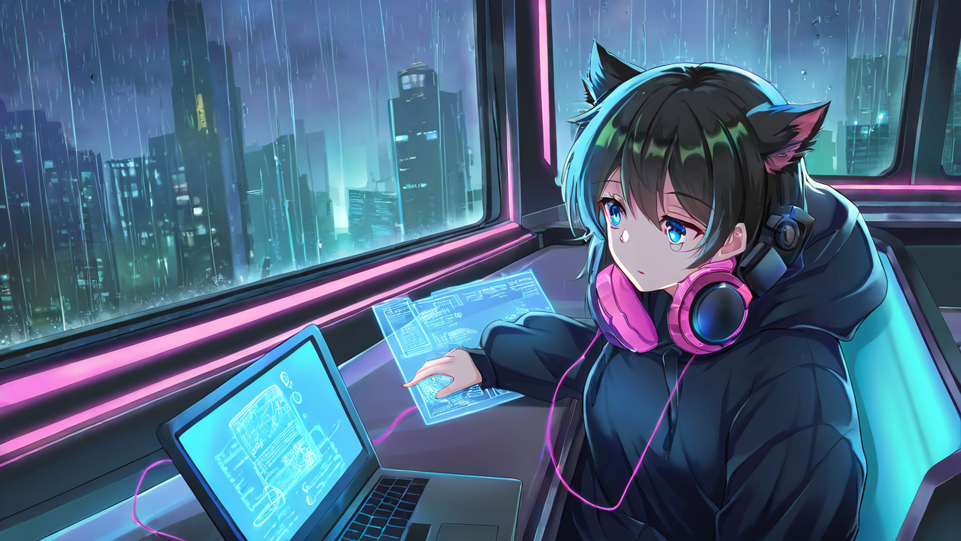 cyberpunk girl neon cafe lofi wallpaper