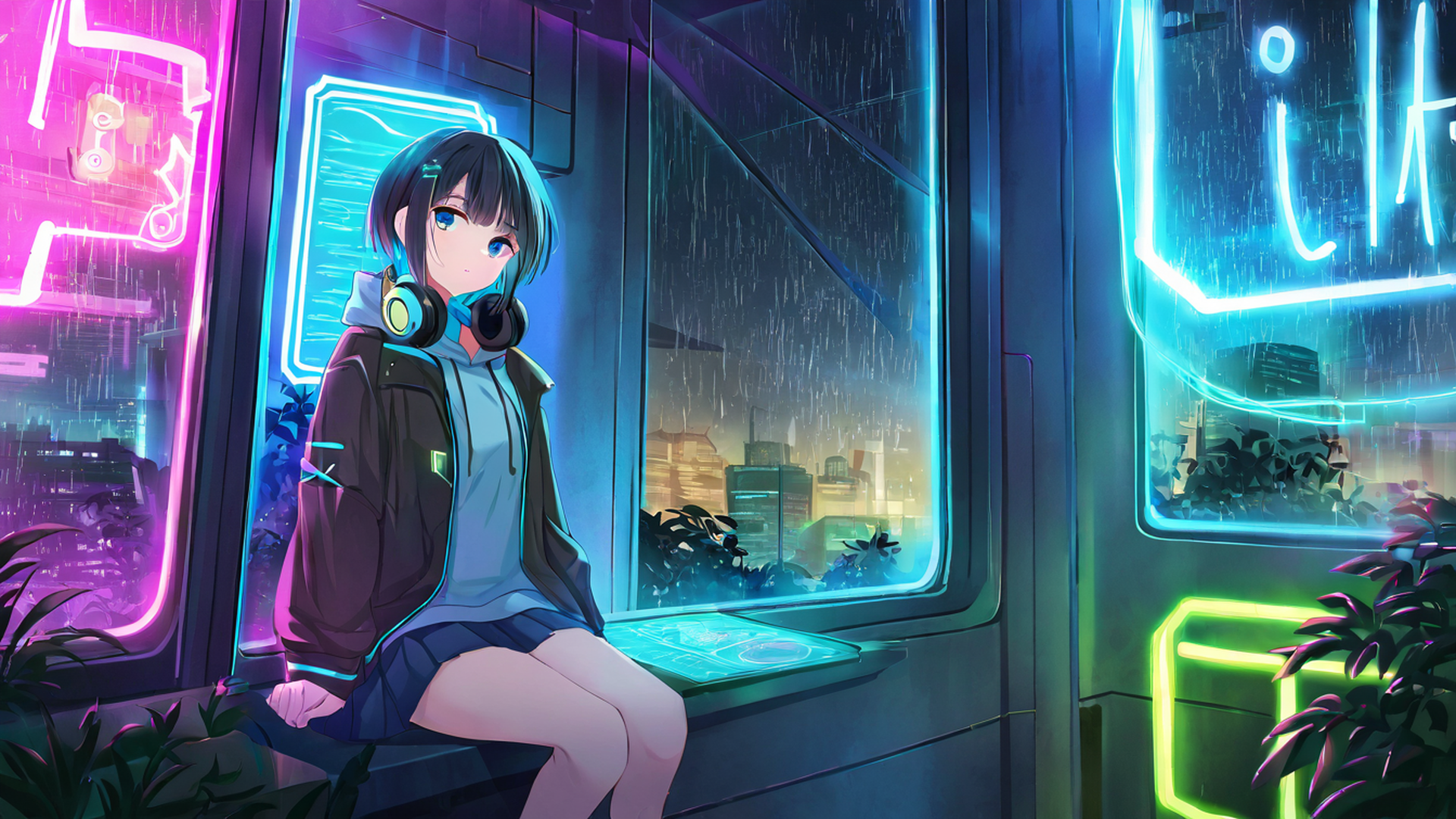 cyberpunk girl neon cafe lofi wallpaper