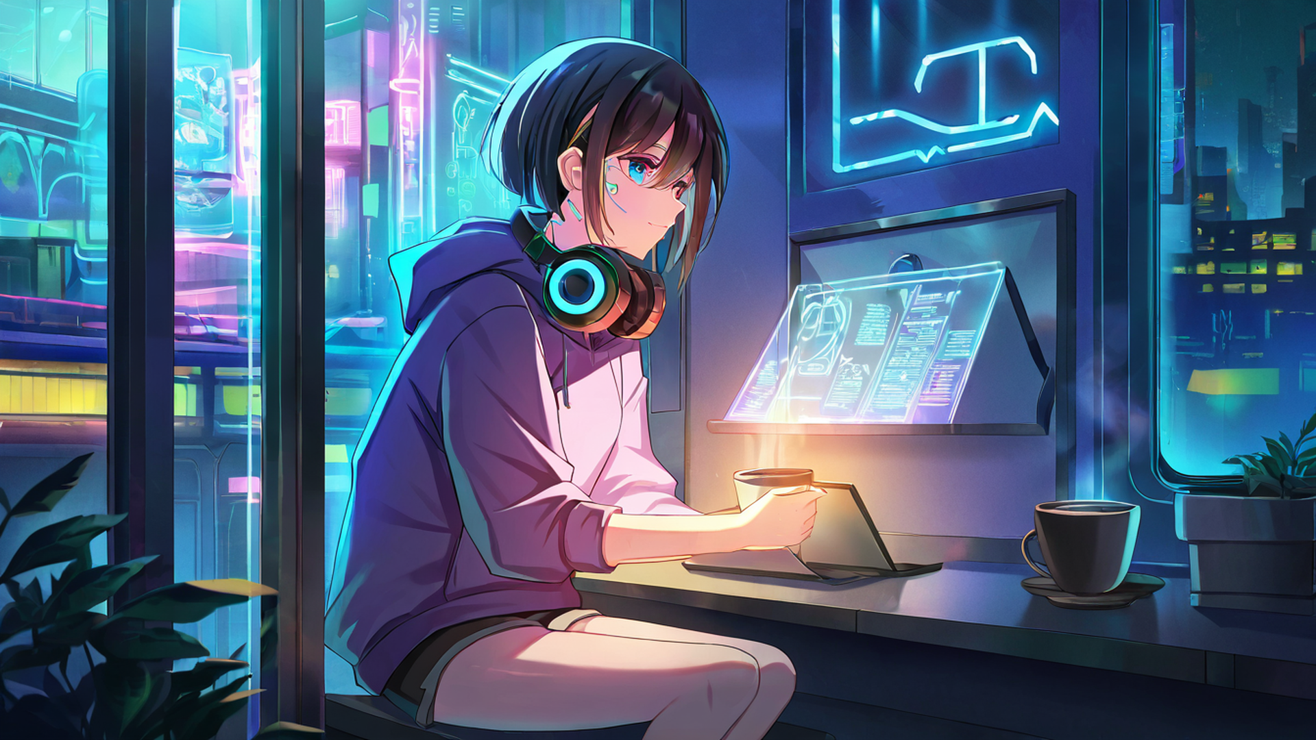 cyberpunk girl neon cafe lofi wallpaper