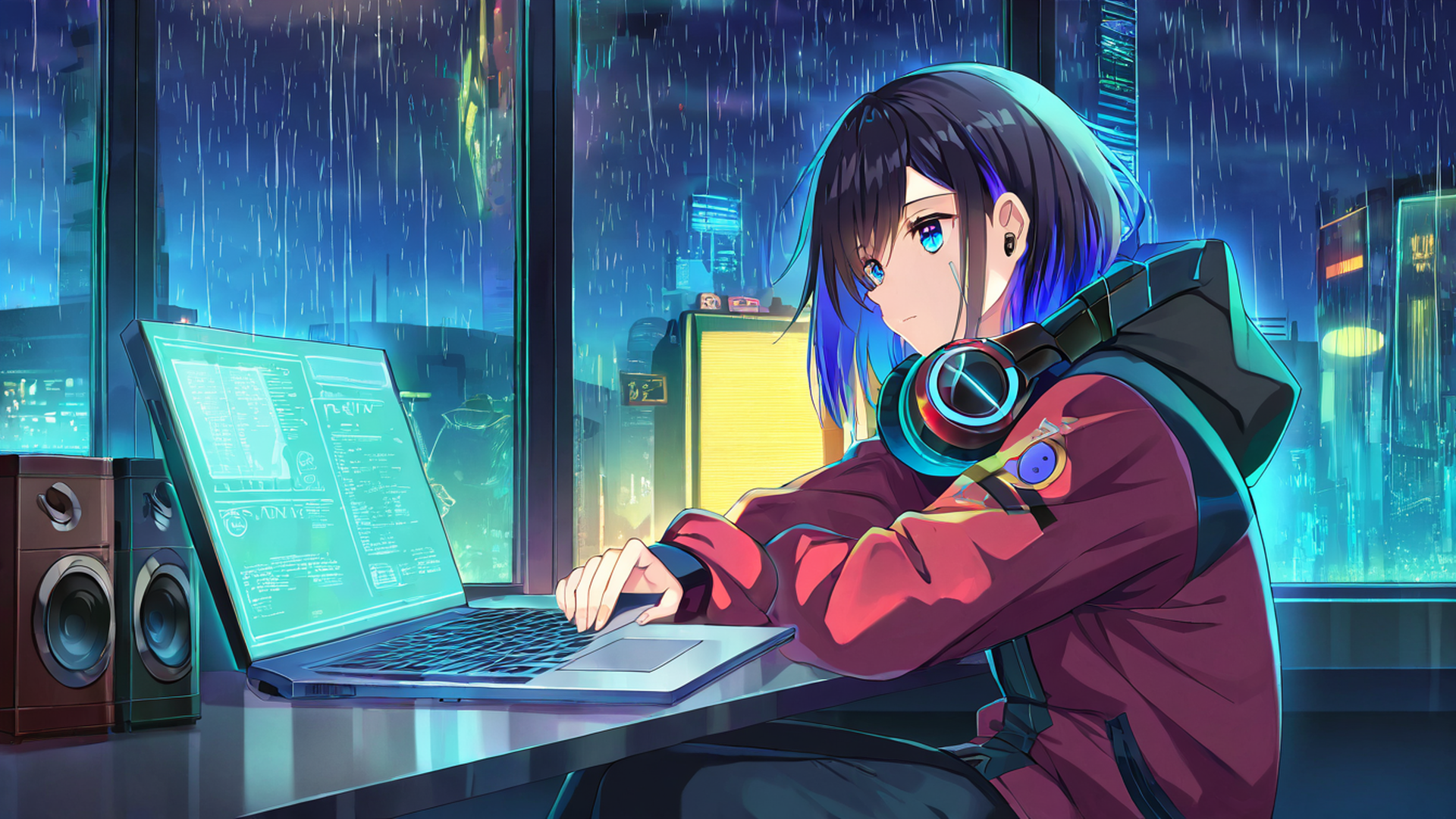 cyberpunk girl neon cafe lofi wallpaper