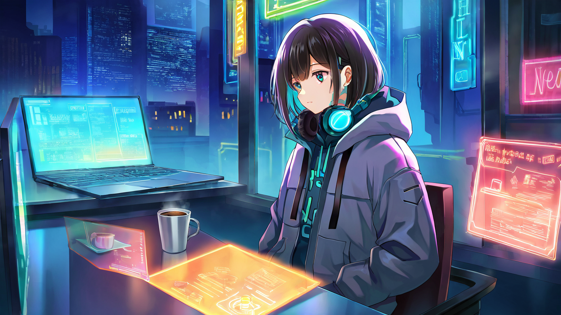 cyberpunk girl neon cafe lofi wallpaper