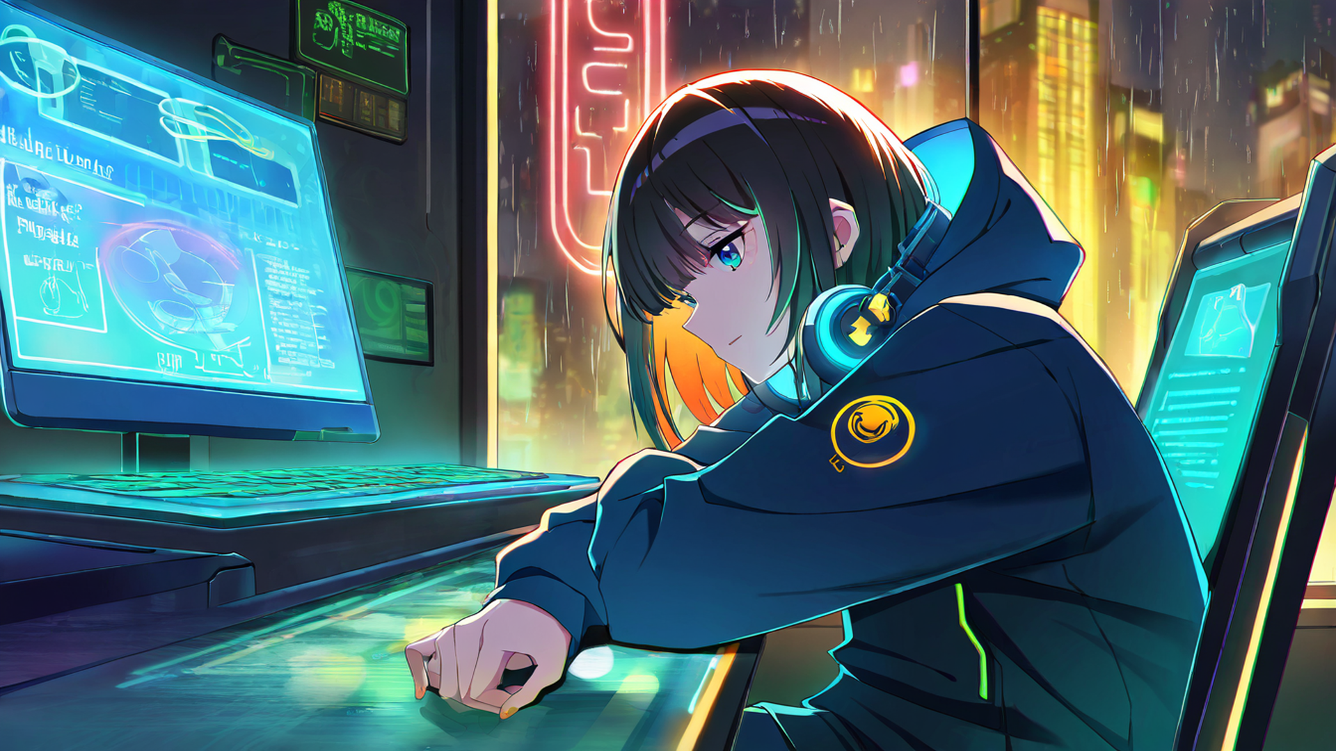 cyberpunk girl neon cafe lofi wallpaper