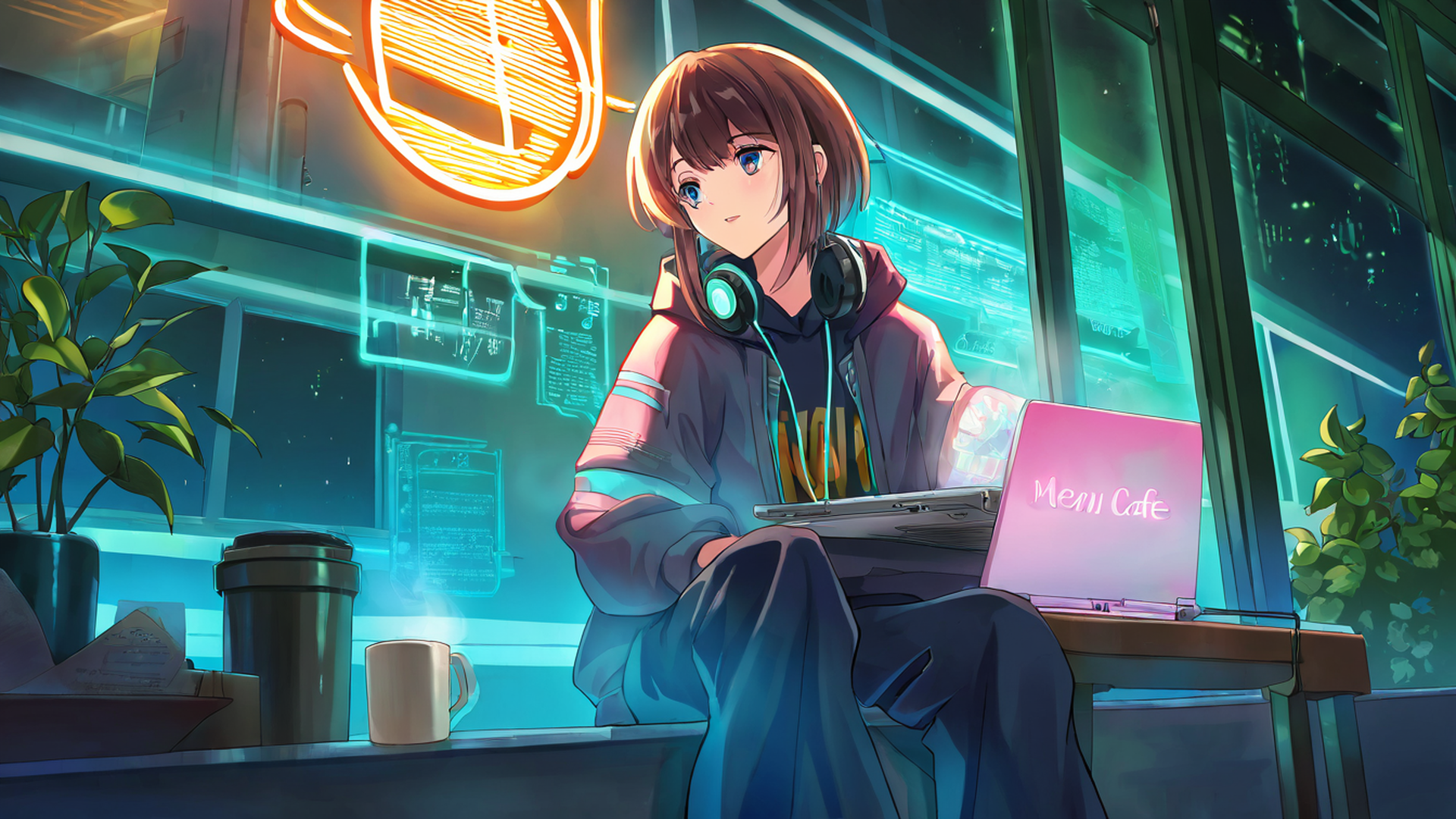 cyberpunk girl neon cafe lofi wallpaper
