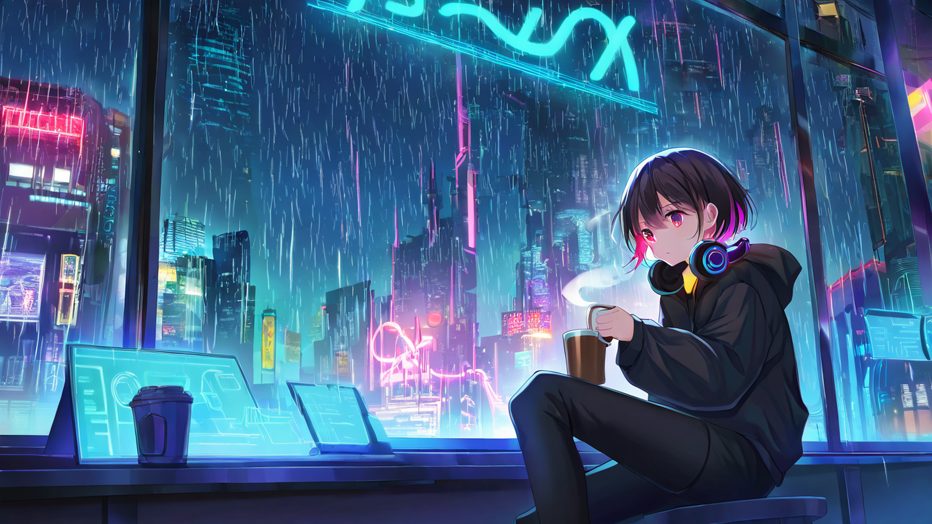 cyberpunk girl neon cafe lofi wallpaper