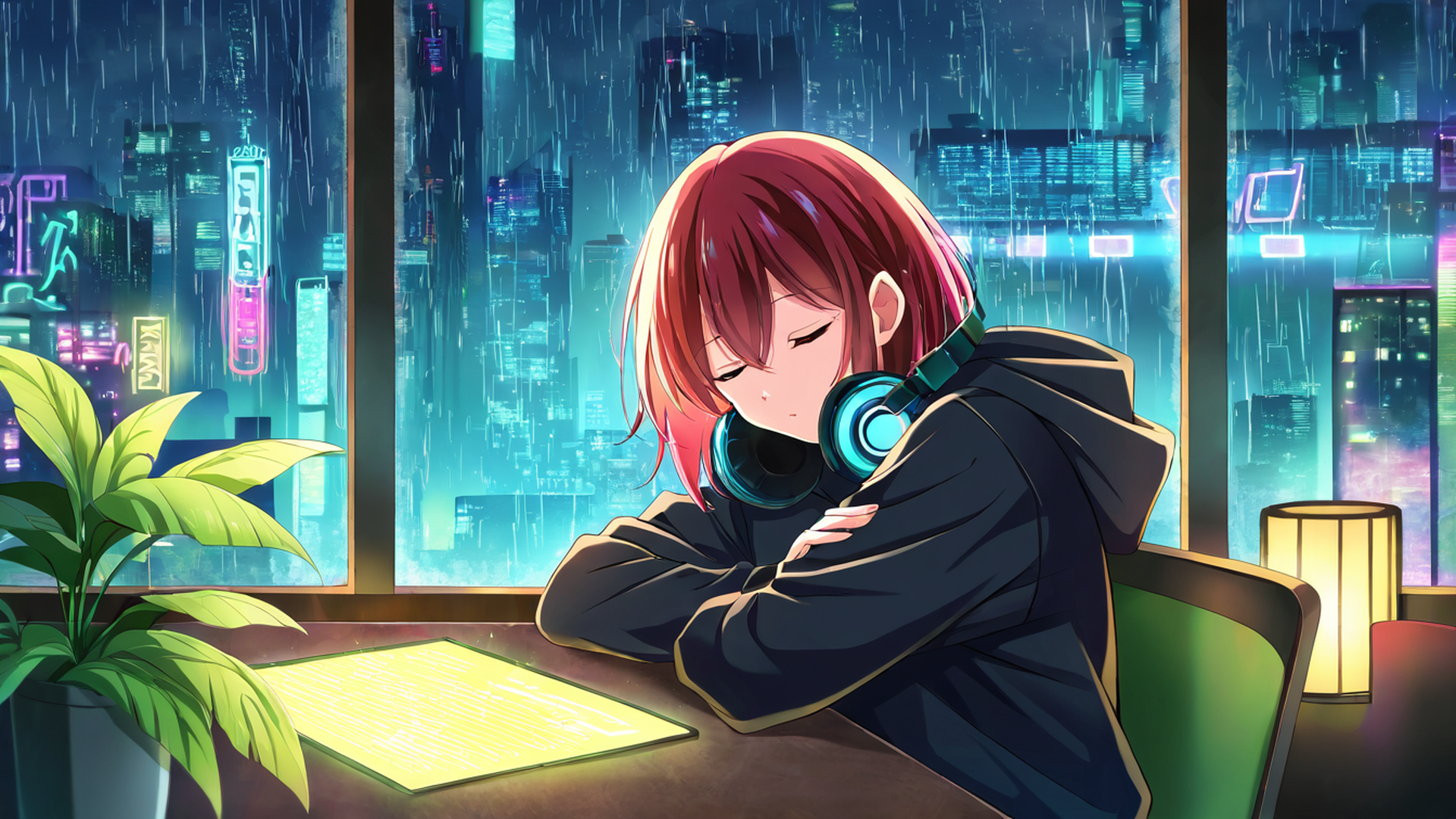 cyberpunk girl neon cafe lofi wallpaper