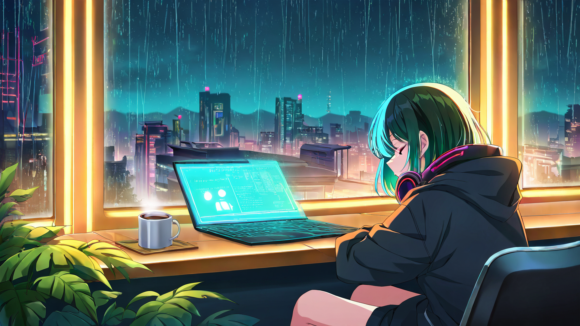 cyberpunk girl neon cafe lofi wallpaper