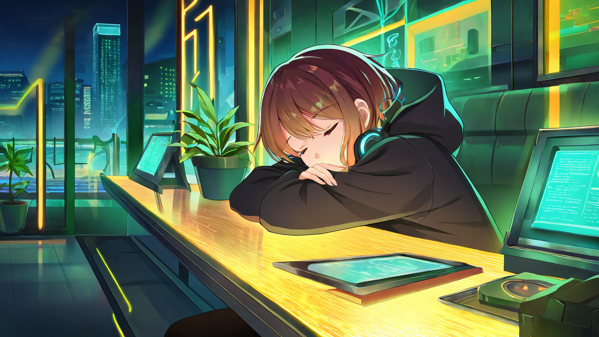 cyberpunk girl neon cafe lofi wallpaper